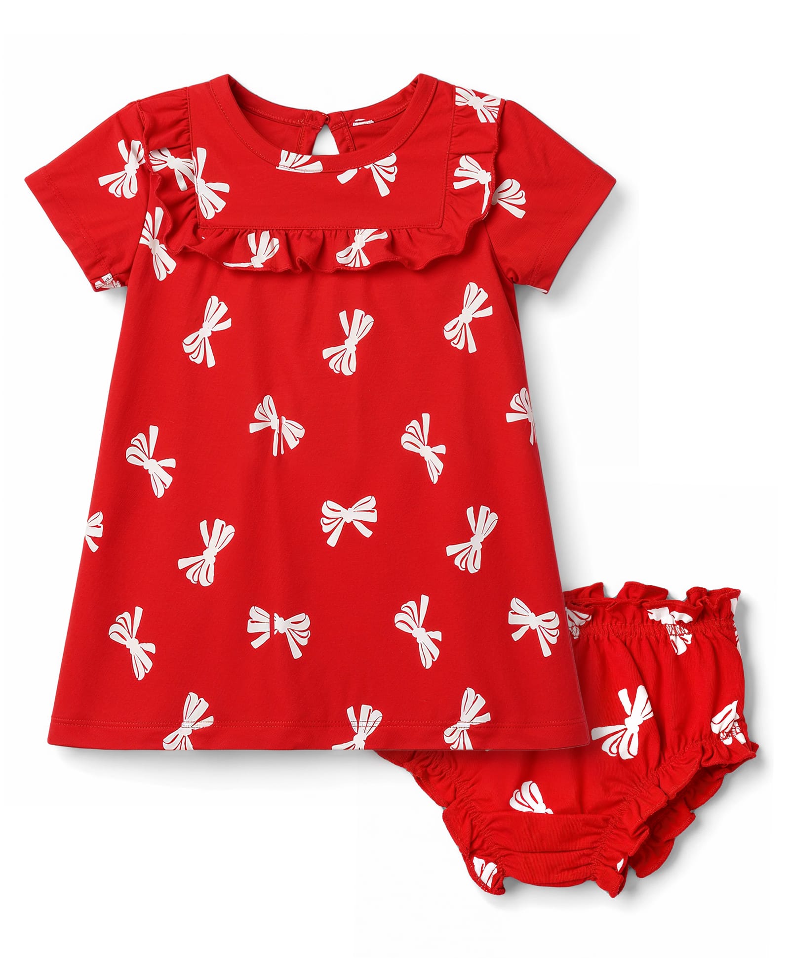 Doodle Poodle 100% Cotton Knit Half Sleeves Bow Printed Frock With Bloomer - Red-picture-34
