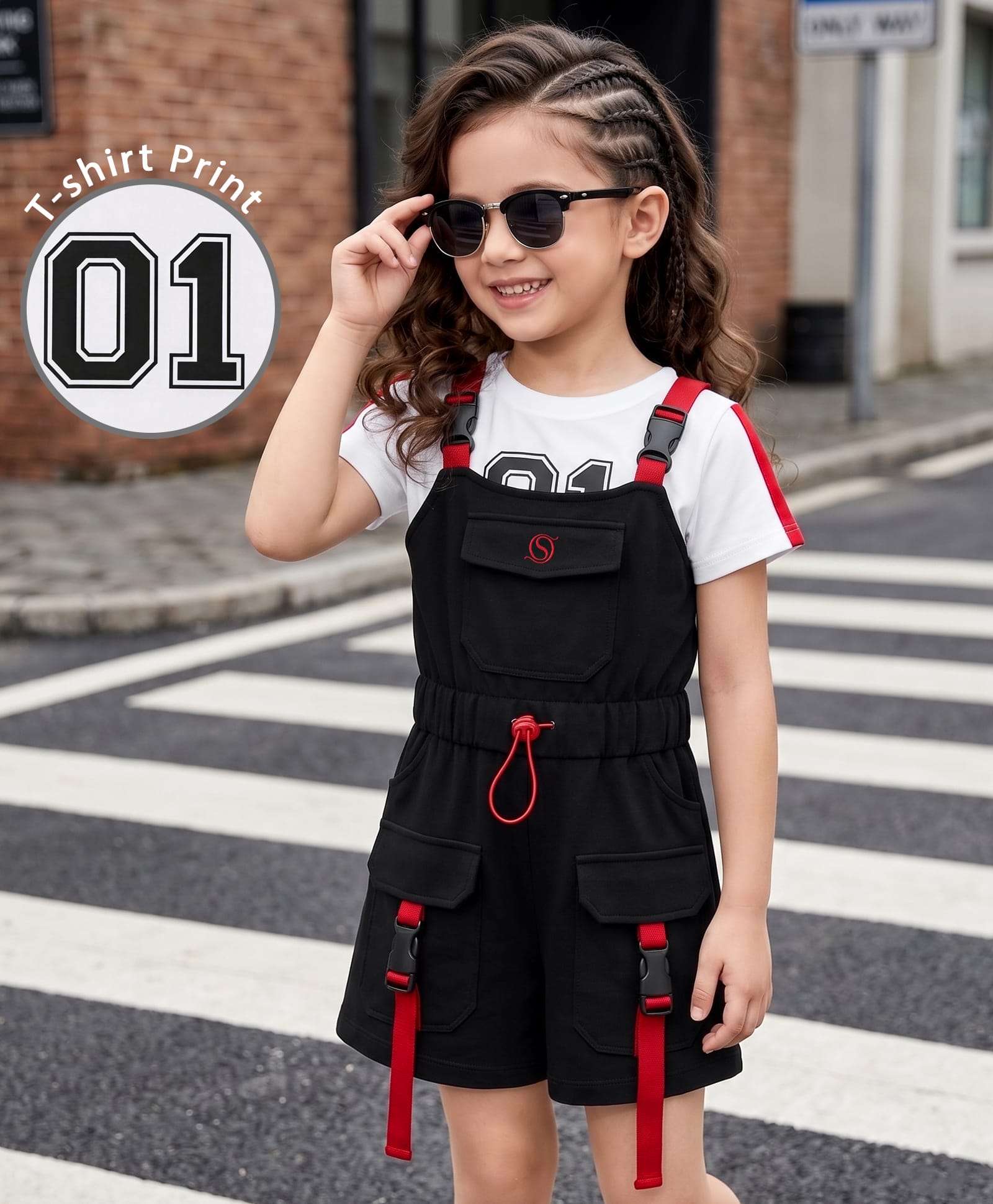 Ollington St. Sinker Knit Half Dungaree With Text Printed Half Sleeve Inner Top -Black & White-image-15