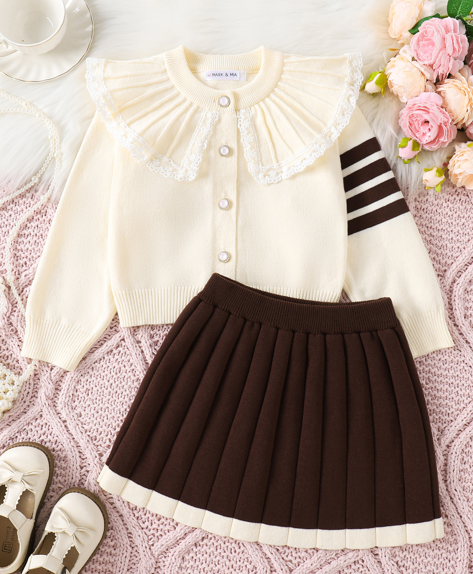 Mark & Mia Full Sleeves Solid Colour Top & Skirt Sweater Set - Cream & Brown-image-15