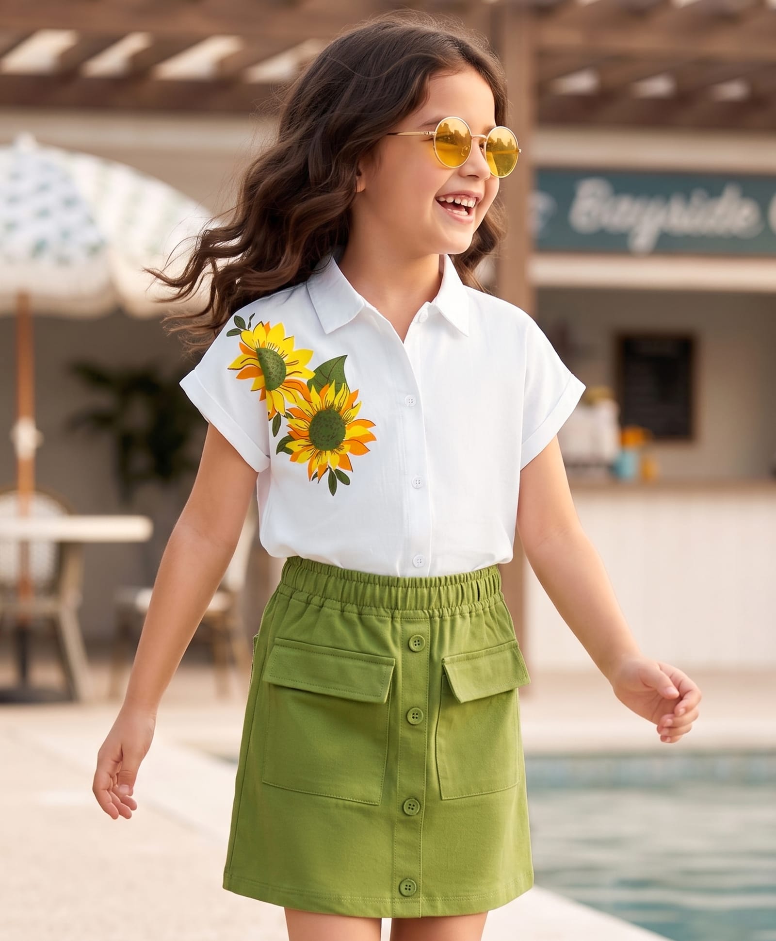 OLLINGTON ST. Sinker Knit Half Sleeves Top & Skirt Set With Floral Print - White & Olive Green-image-6