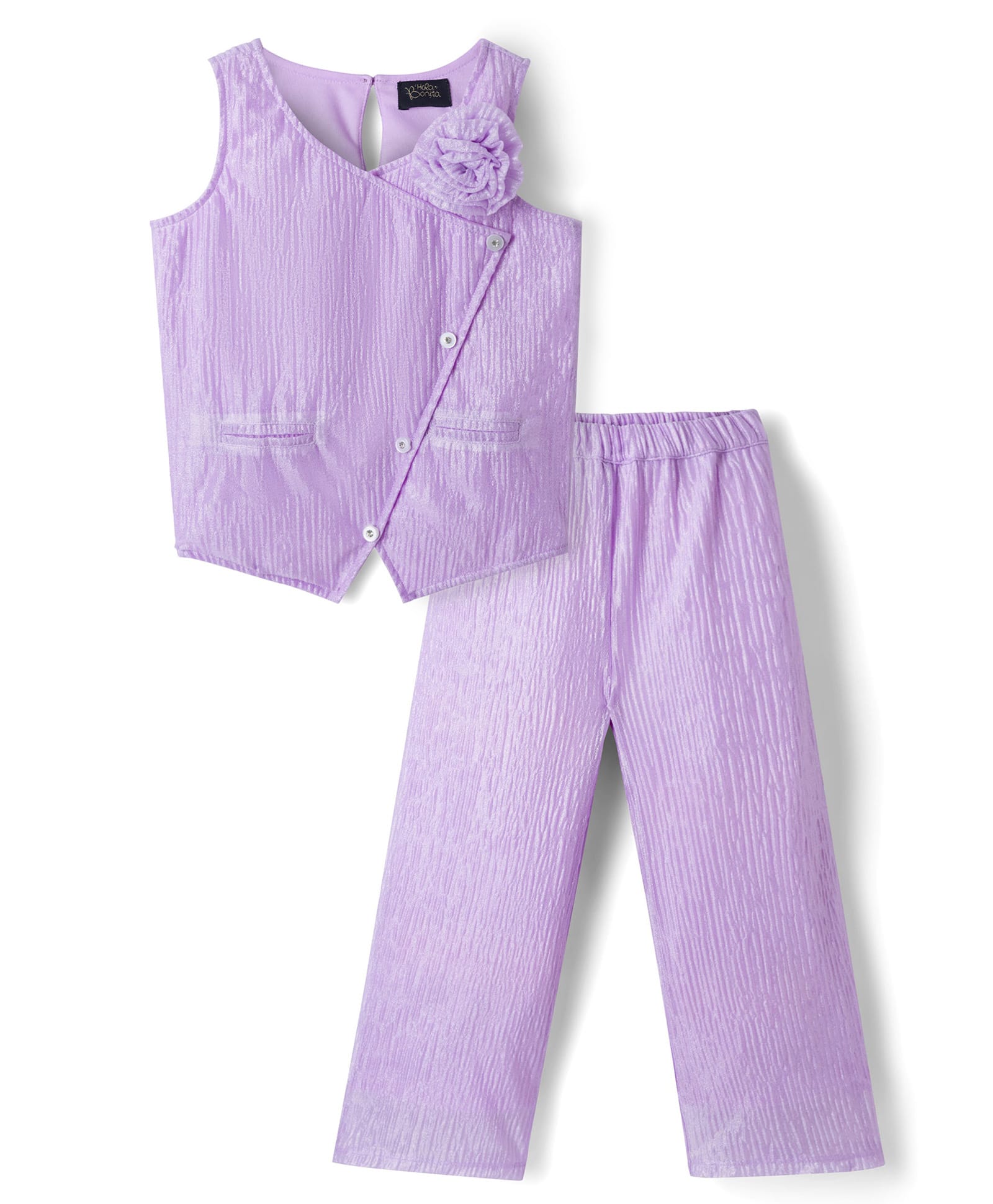 Hola Bonita Knit Sleeveless Glitter Overlapping Floral Applique Top & Pant Set - Lilac-image-19
