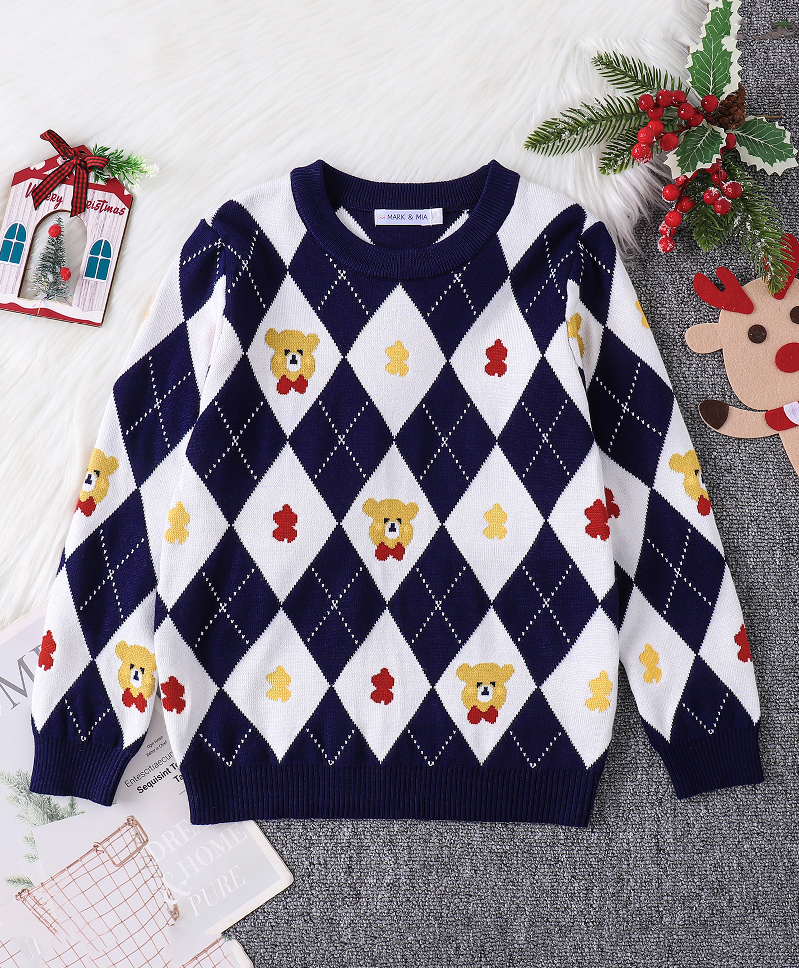 Mark & Mia Viscose Full Sleeves Pullover With Argyle & Bear Design - Navy & White-picture-17