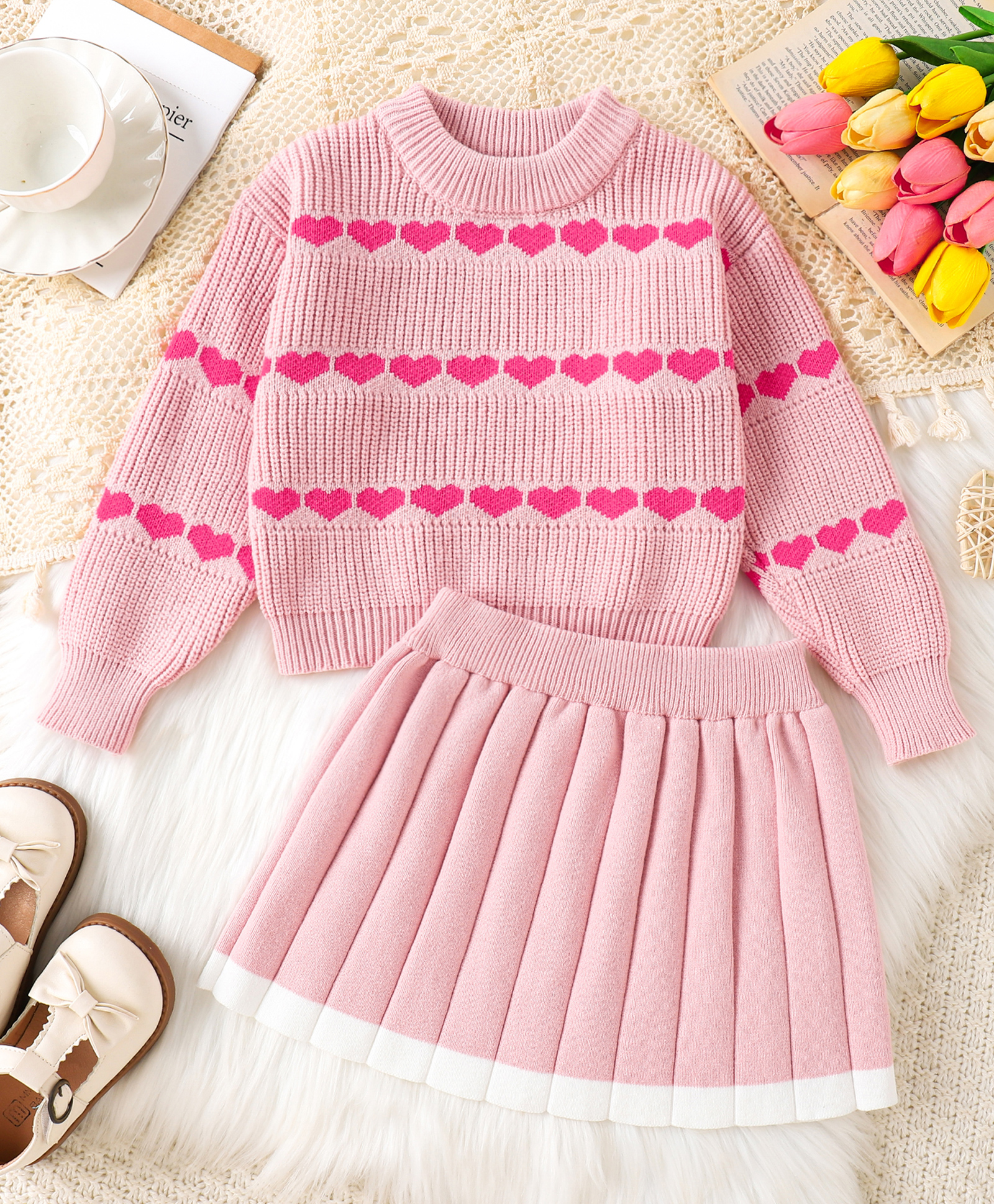 Mark & Mia Full Sleeves Heart Designed Tee & Skirt Sweater Set - Pink-picture-22