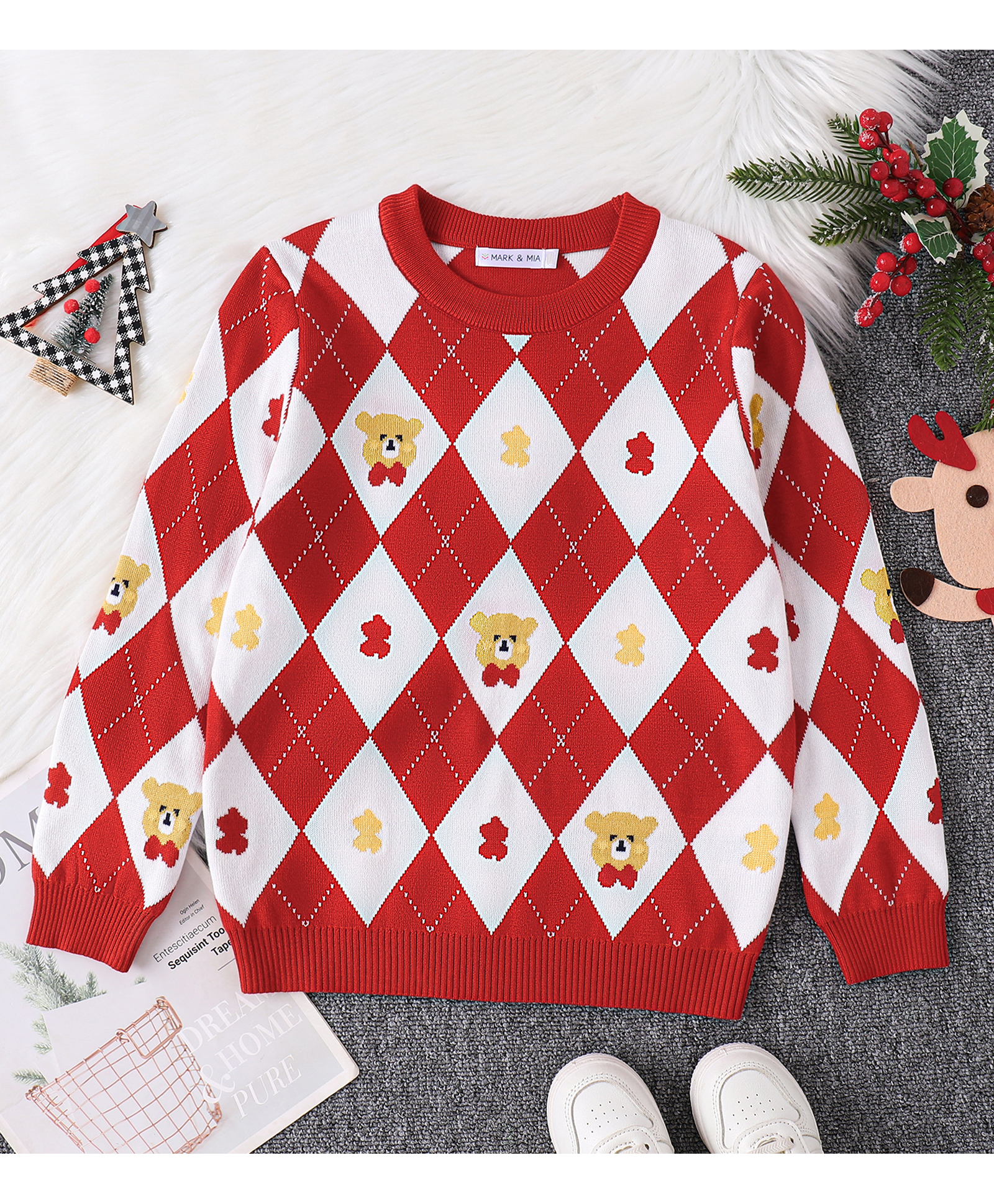Mark & Mia Viscose Full Sleeves Pullover With Argyle & Bear Design - Red & White-picture-28