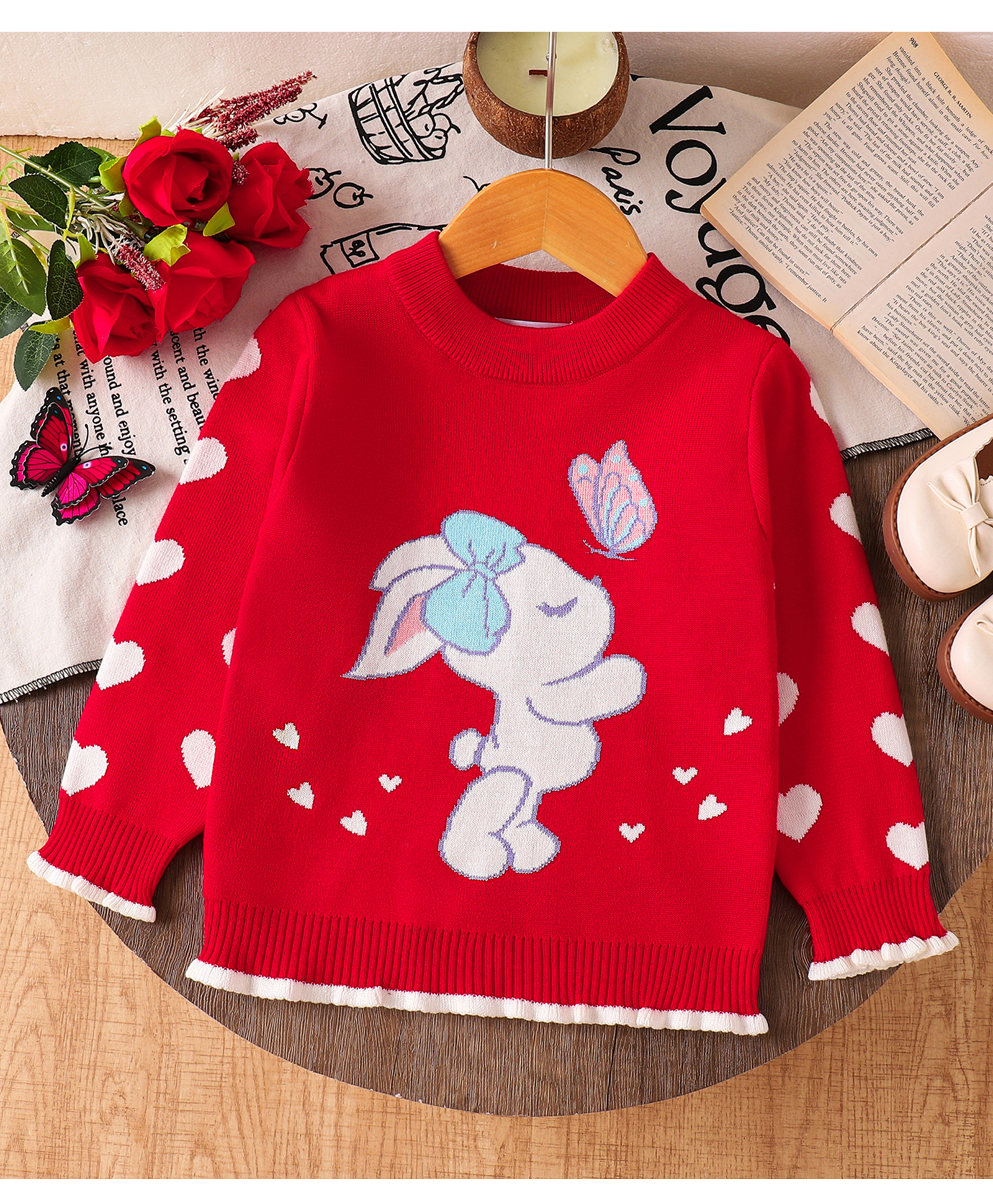 Mark & Mia Full Sleeves Pullover Sweater With Hearts Bunny & Butterfly Design - Red-picture-19