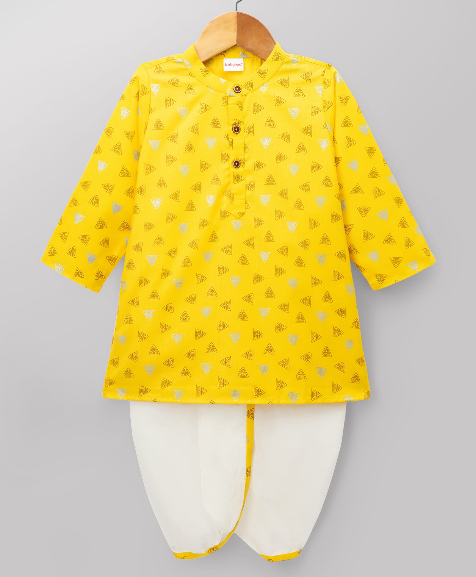 Babyhug 100% Cotton Cambric Woven Full Sleeves Triangles Printed Kurta & Dhoti Set - Yellow-picture-24