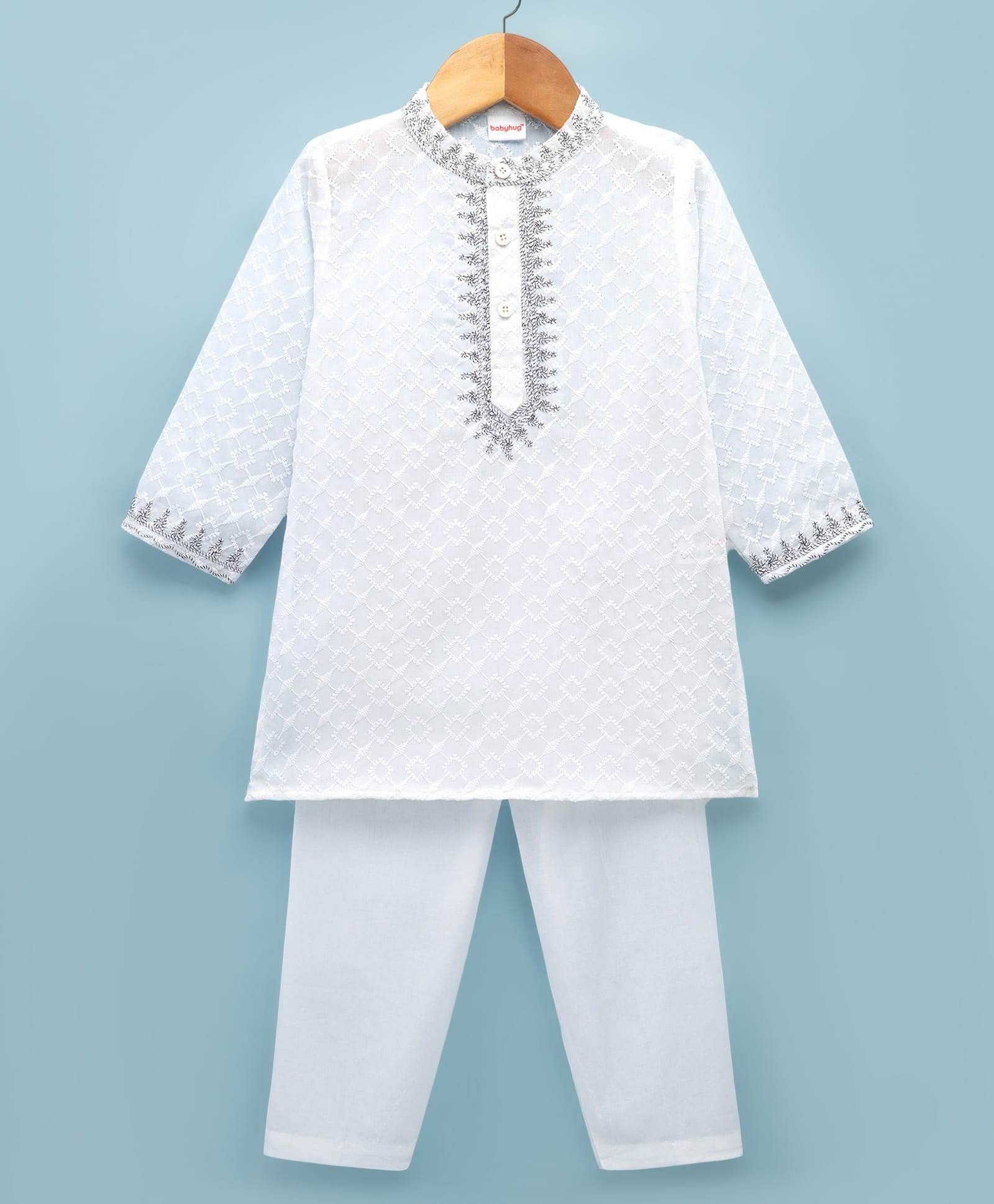 Babyhug Cotton Woven Full Sleeves Embroidered Kurta & Pyjama Set - White-image-6