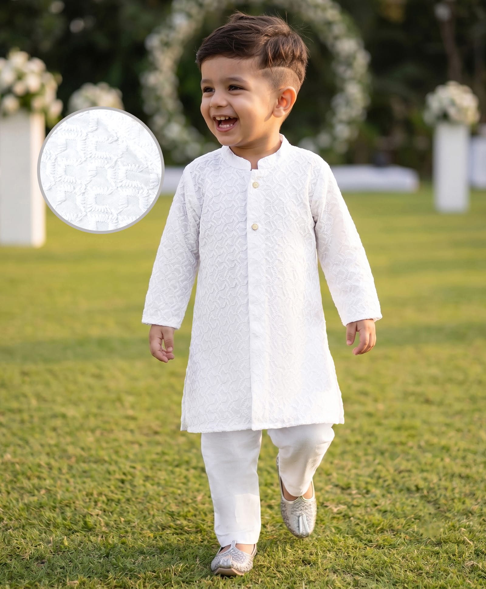 Babyhug Cambric Woven Full Sleeves Hakkoba Kurta Pyjama Set - White-picture-12