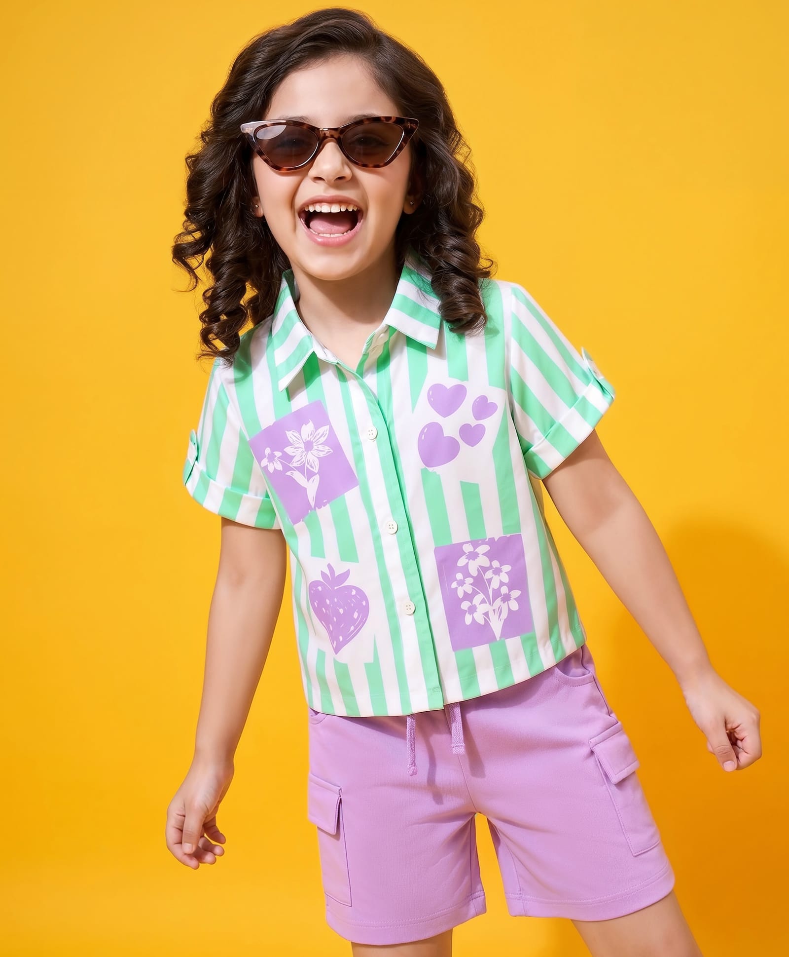 OLLINGTON ST. Sinker Knit Half Sleeves Striped Shirt & Shorts Set With Floral & Heart Print - Multicolor-image-42