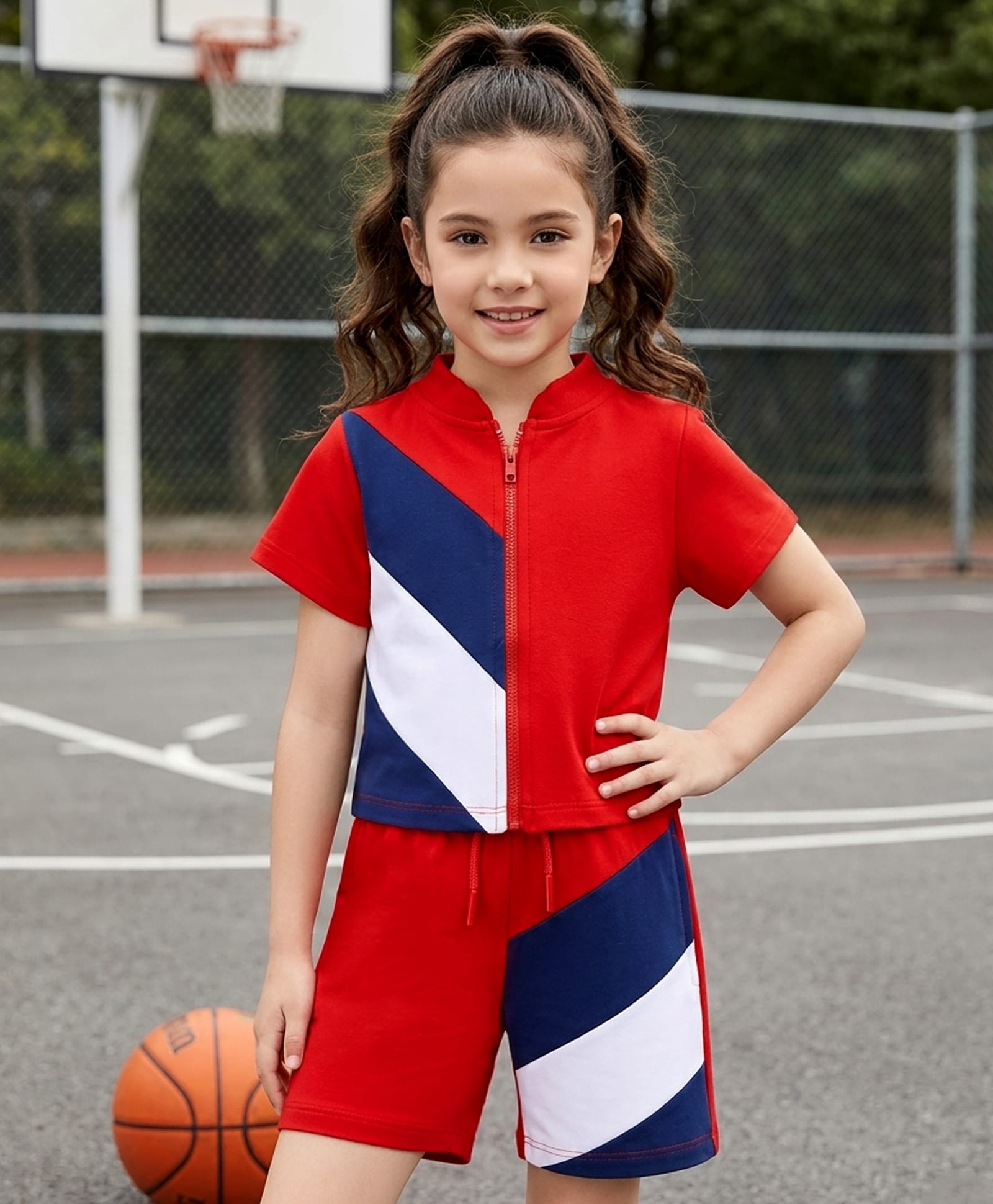 OLLINGTON ST. Sinker Knit Half Sleeves Front Zipper Top & Shorts Printed Set - Multicolor-picture-8