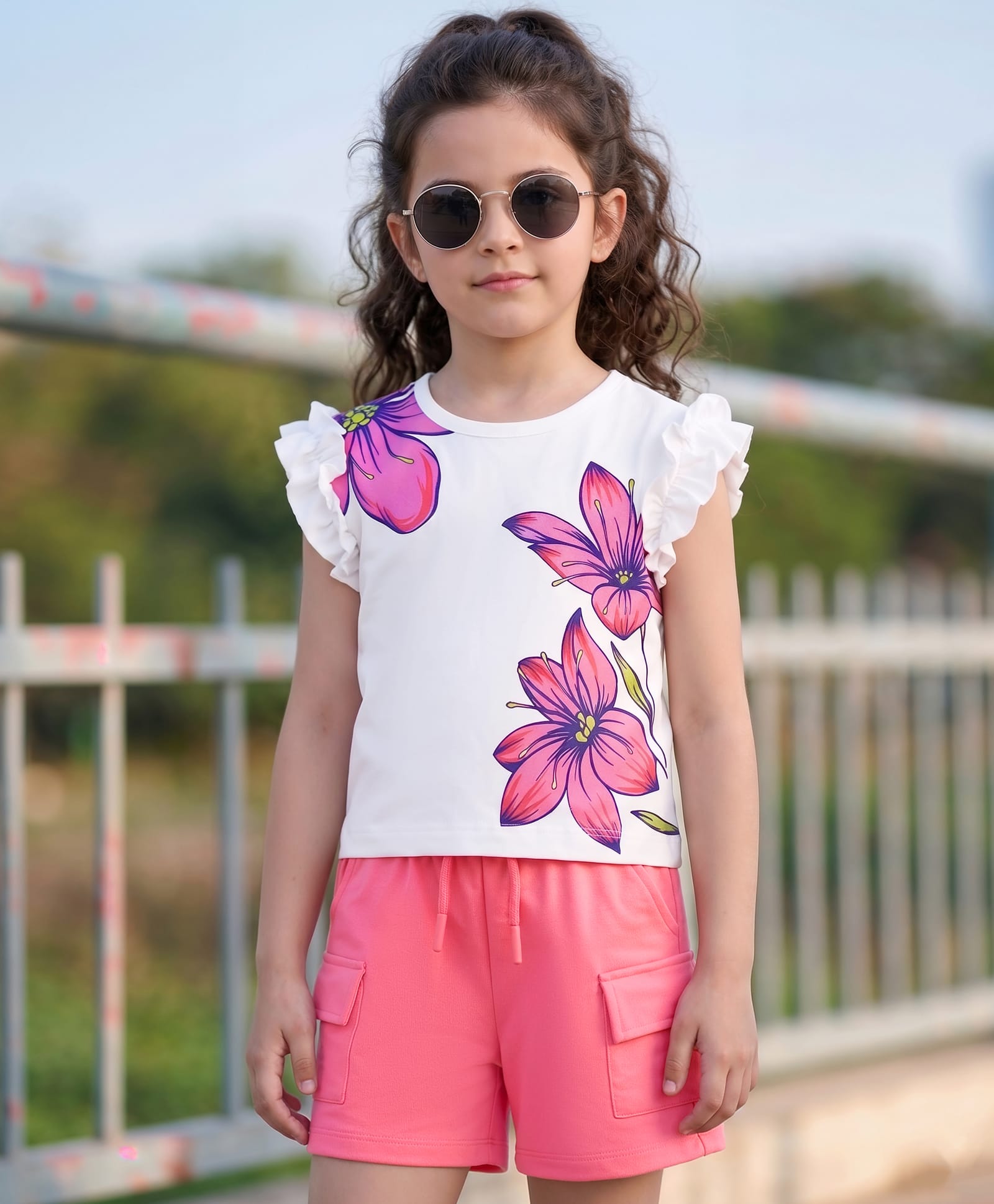 OLLINGTON ST. Sinker Knit Half Sleeves Top & Shorts Set With Floral Print - Pink & White-image-34