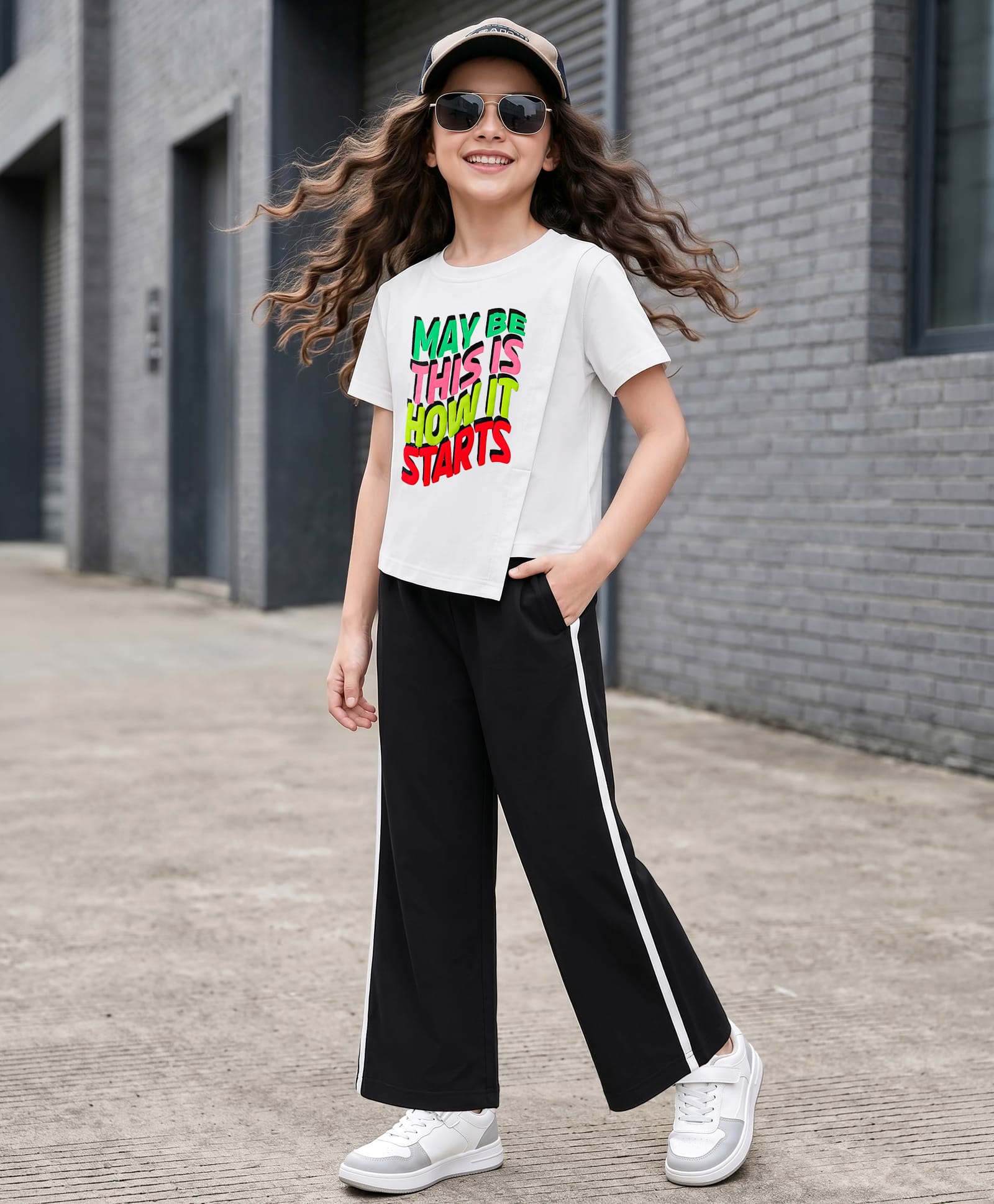 OLLINGTON ST. Sinker Knit Half Sleeves Top & Culottes With Text Print - White & Black-image-26