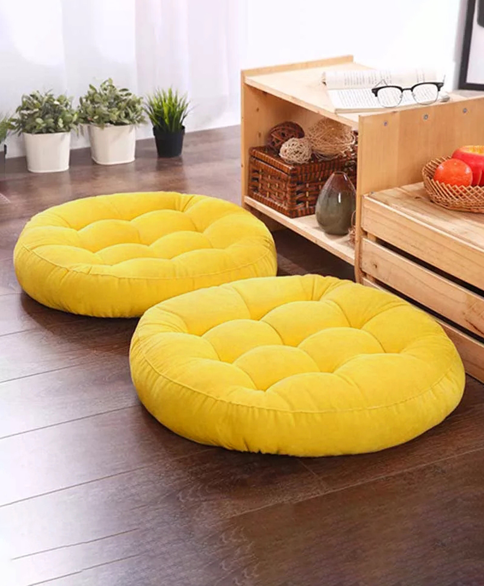 Peach Cuddle Round Velvet Floor Cushions Pillows for Living Room & Outdoor (Pack of 2, 50x50 cm, Yellow) Floor Cushions, Tatami Cushion, Patio Cushion, Balcony Cushion, Floor Seating-image-2