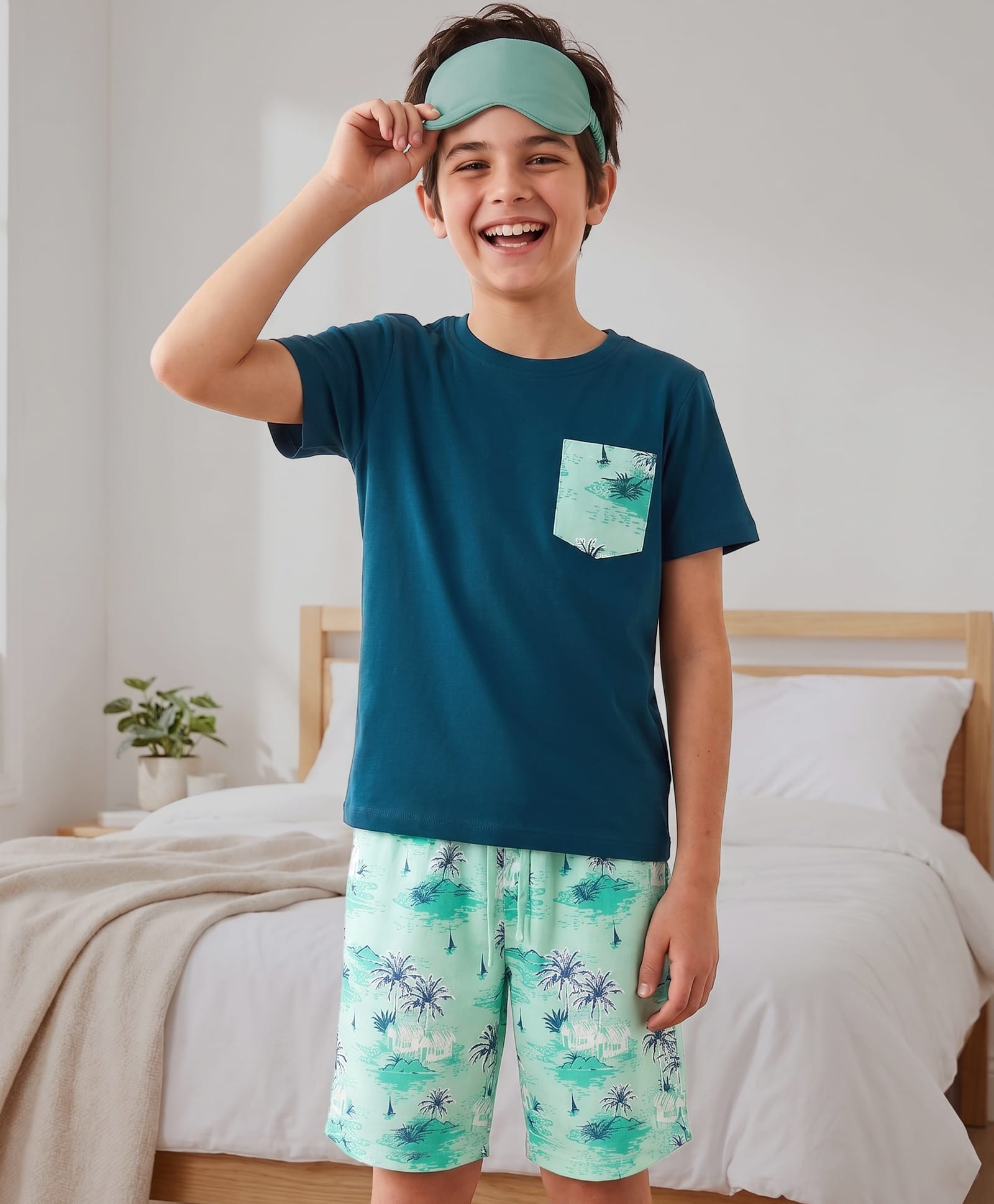 Pine Kids Cotton Knit Half Sleeves T-Shirt & Shorts Set with Tropical Theme Print - Teal Blue-image-16