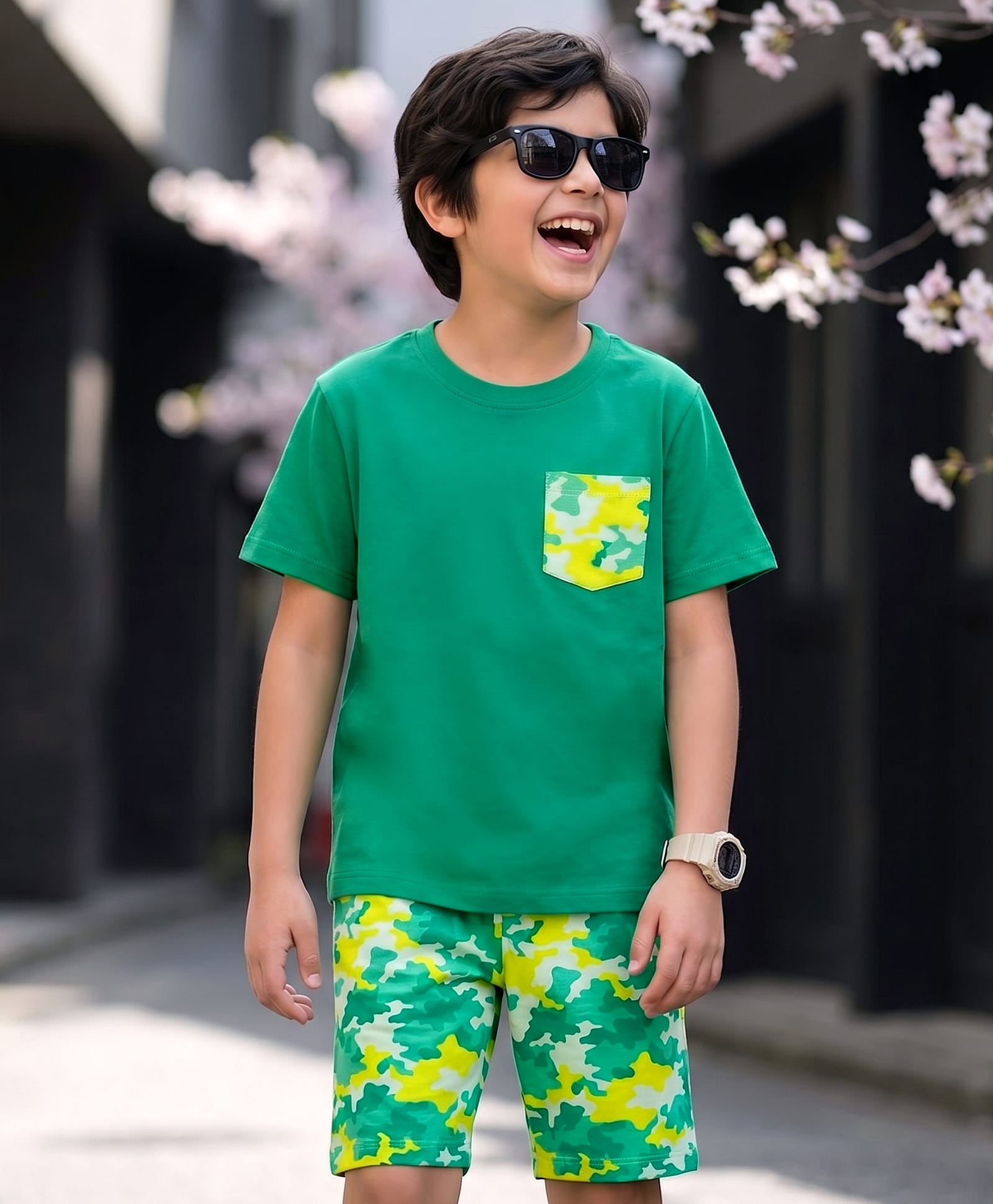 Pine Kids Cotton Knit Half Sleeves Camouflage Printed T-Shirt & Shorts Night Suit - Green-image-32