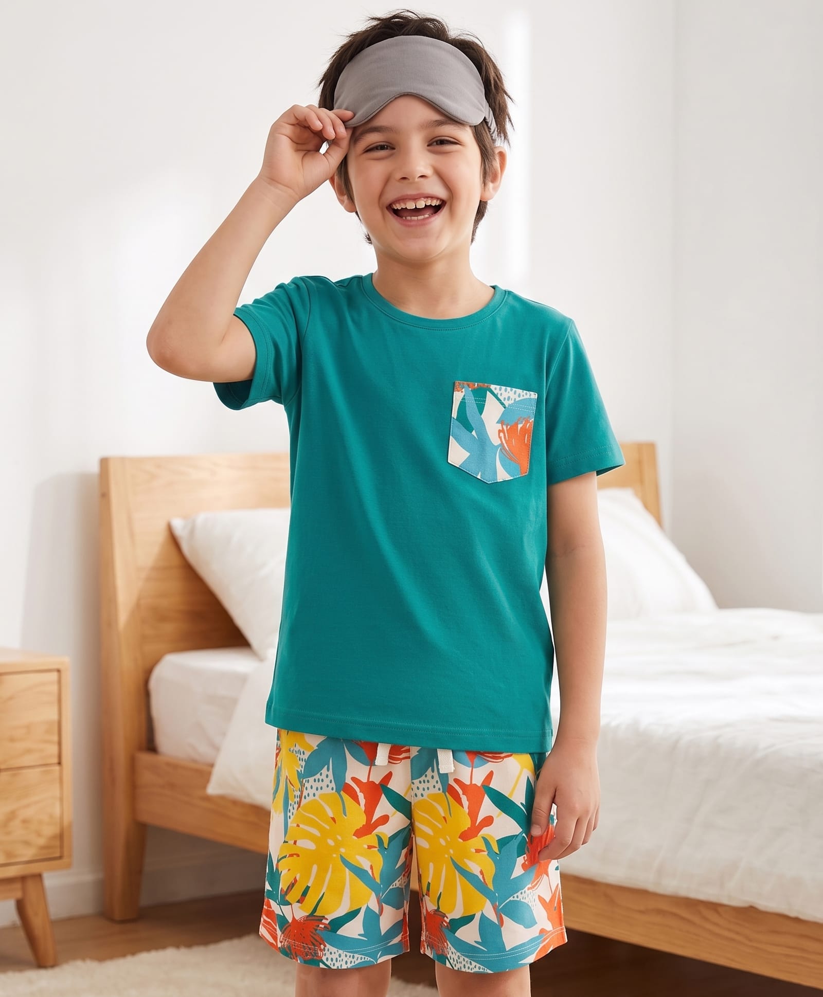 Pine Kids Cotton Knit Half Sleeves T-Shirt & Shorts Set with Tropical Theme Print - Green-picture-15