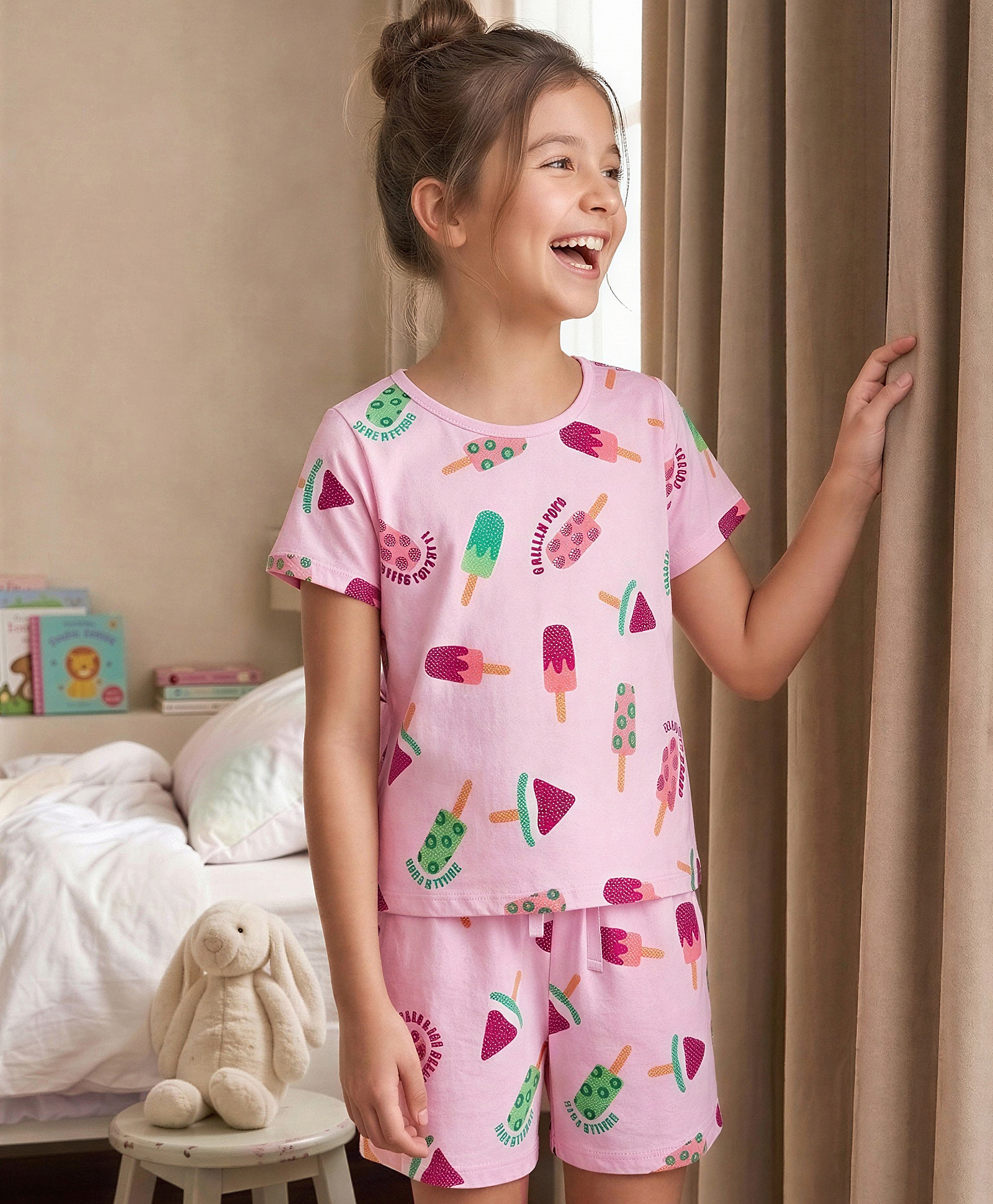 Pine Kids Cotton Knit Half Sleeves Co-Ords T-Shirt & Shorts Night Suit Icecream Print - Pink-image-8