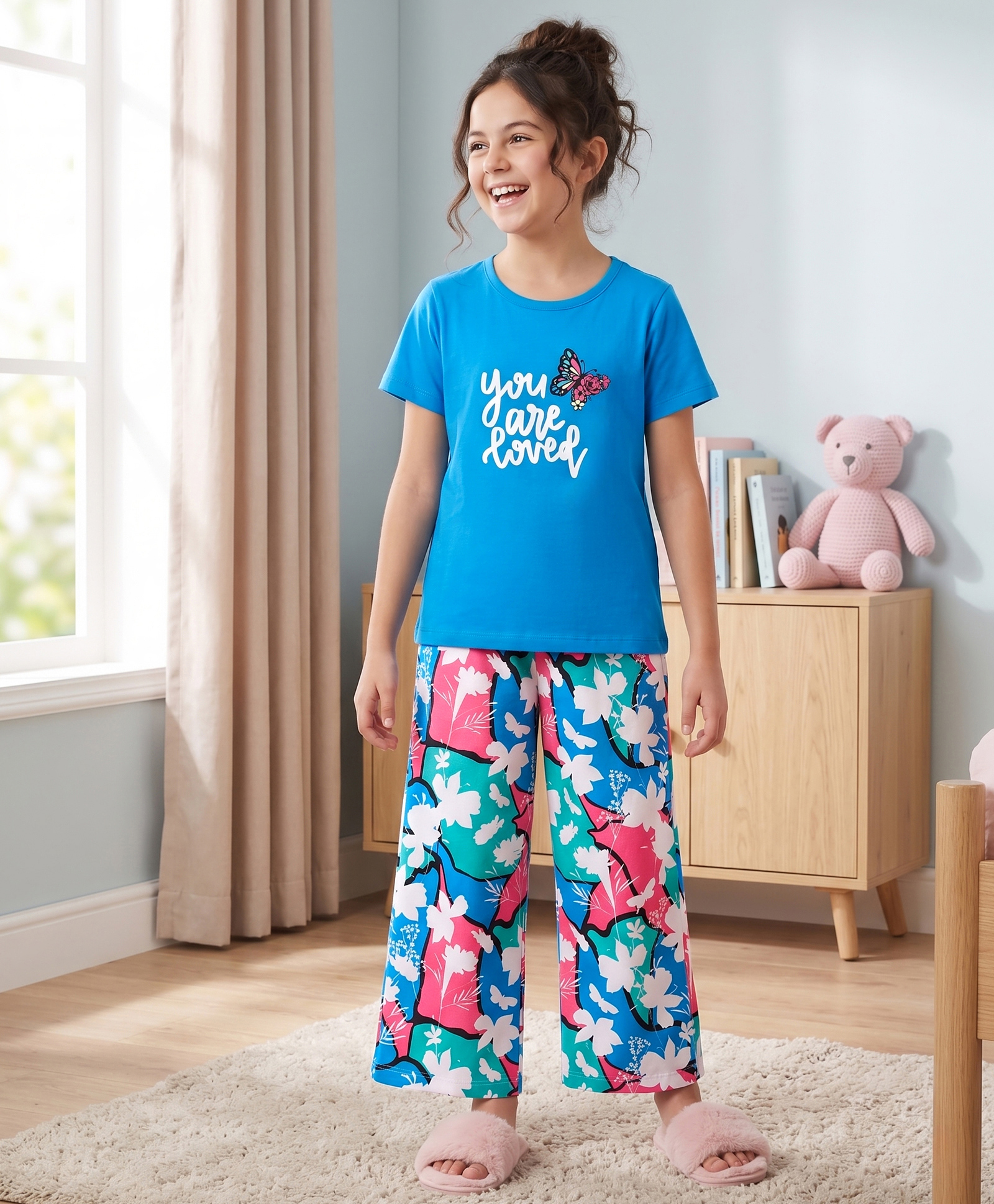 Pine Kids Cotton Knit Half Sleeves Butterfly Printed T-Shirt & Pyjama Night Suit - Blue-image-30