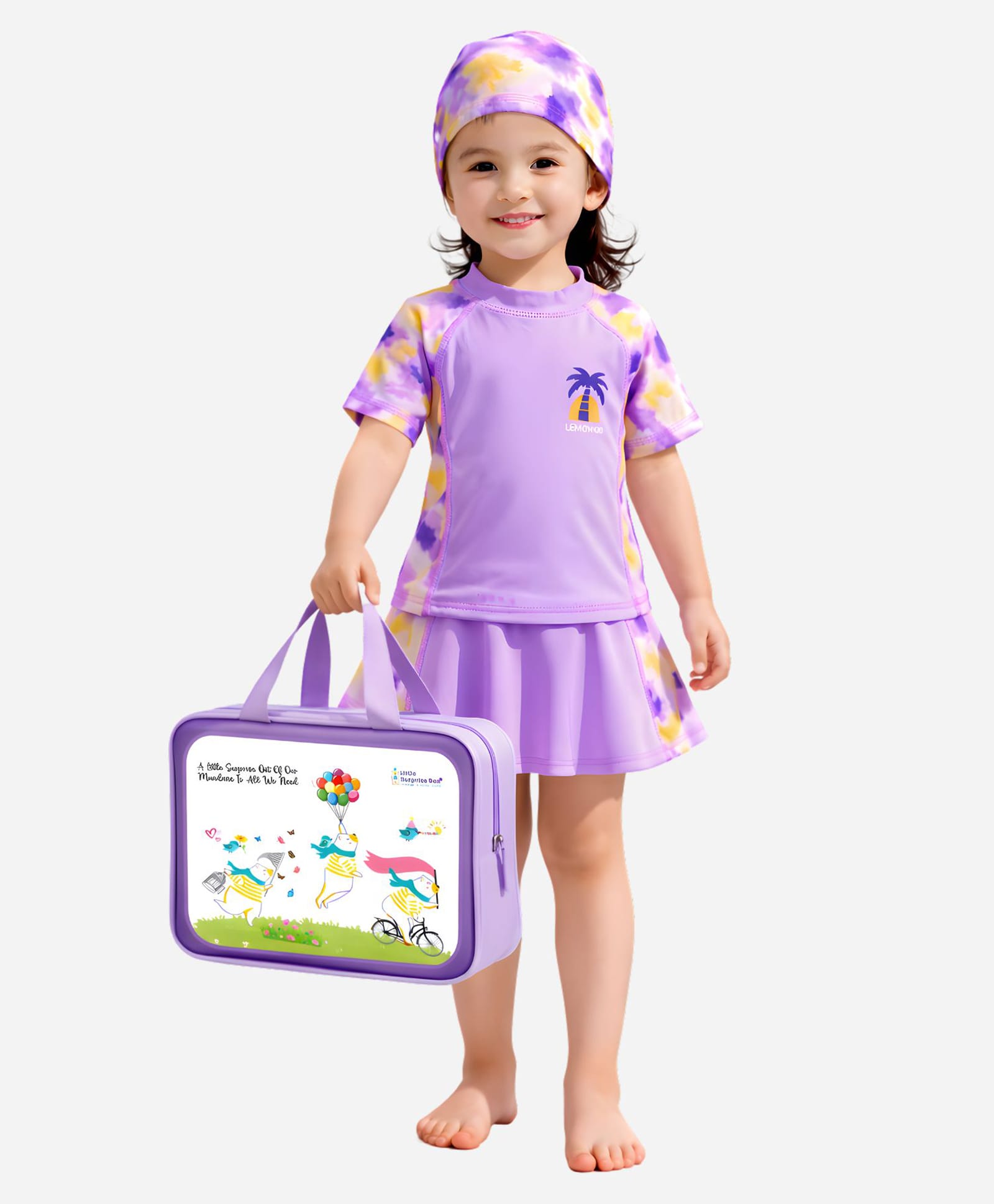 Little Surprise Box Spandex Half Raglan Sleeves Tie & Dye Tree Printed Swim Top & Skort Set With Cap & Bag - Purple-image-6