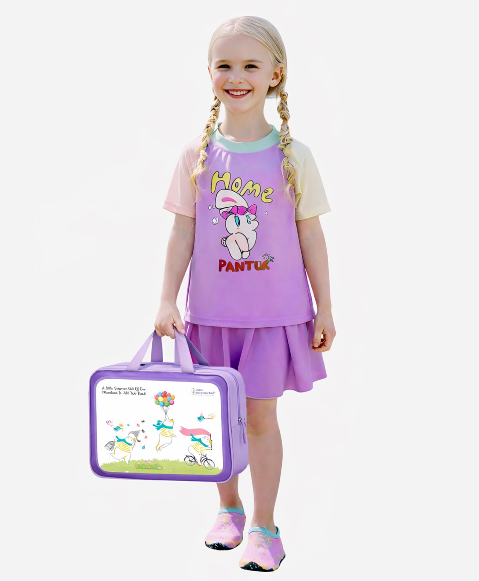 Little Surprise Box Spandex Half Raglan Sleeves Bunny & Typography Printed Swim Top & Skort Set With Cap & Bag - Purple-image-47