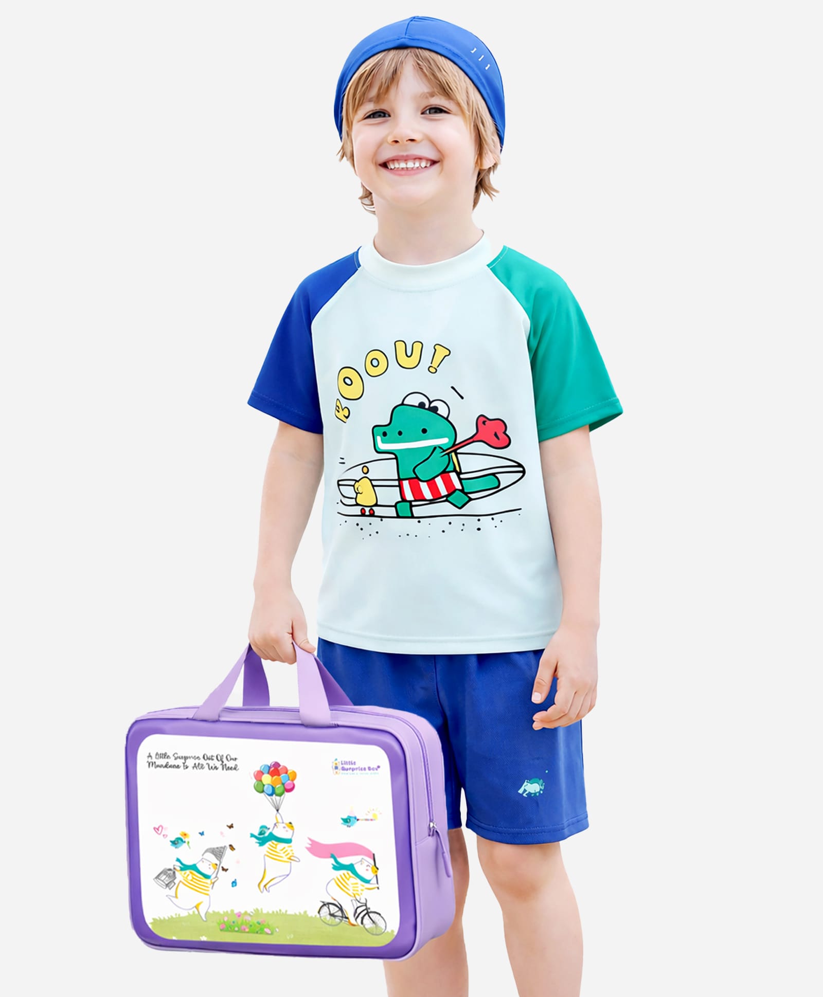 Little Surprise Box Spandex Half Raglan Sleeves Crocodile Printed Swim Tee & Shorts Set With Cap & Bag - Blue-image-46