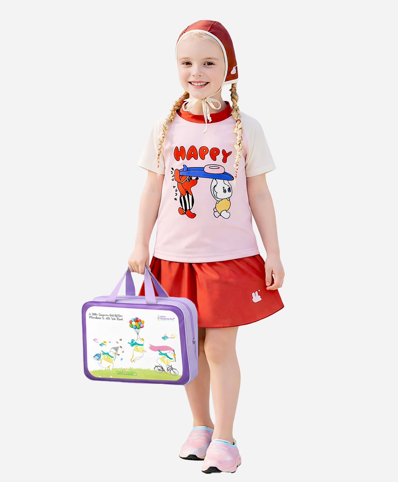 Little Surprise Box Spandex Half Sleeves Happy Text Printed Swim Top & Skort Set With Cap & Bag - Red-image-28