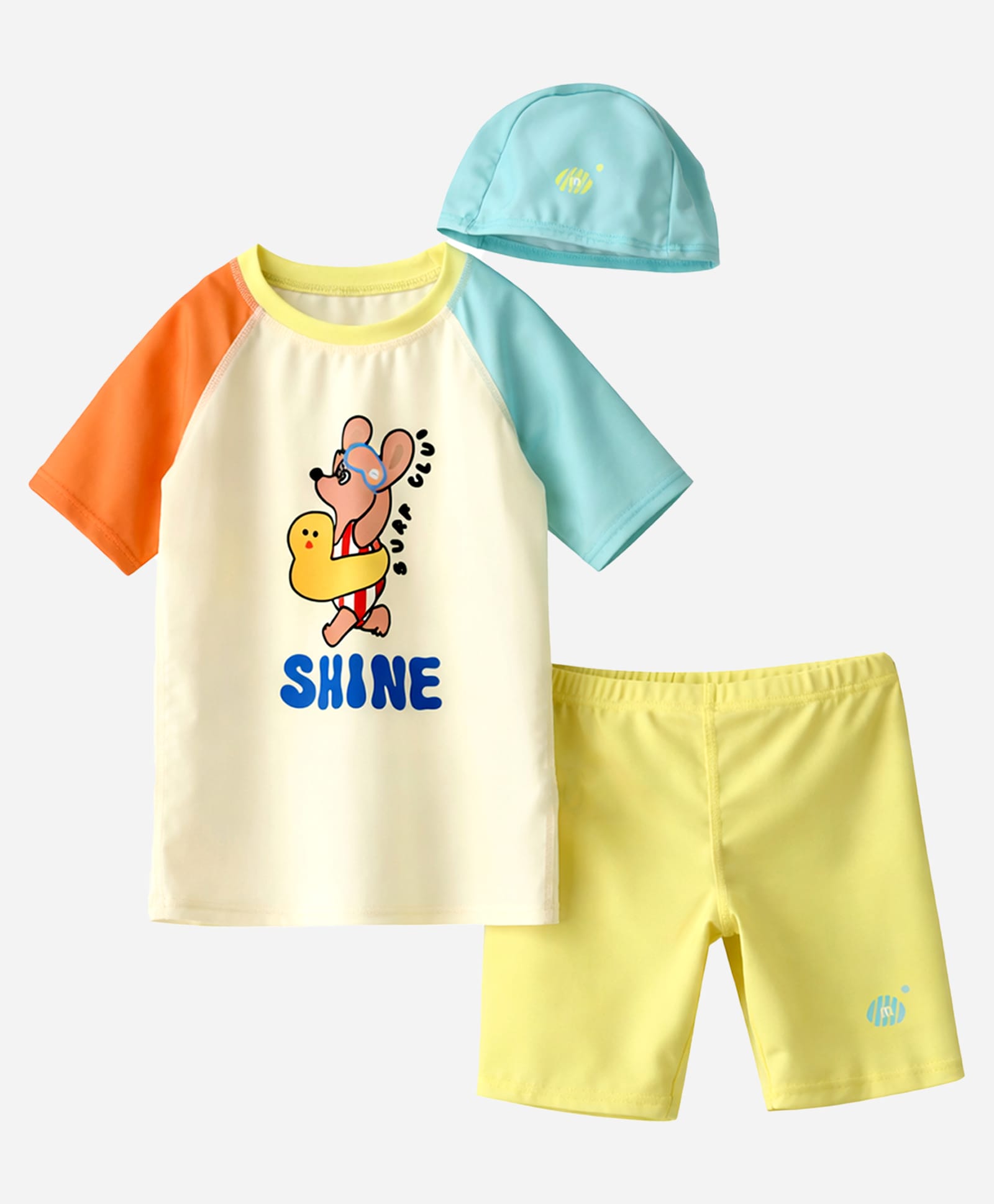 Little Surprise Box Spandex Half Raglan Sleeves Shine Text Printed Swim Tee & Shorts Set With Cap & Bag - Ivory-image-31