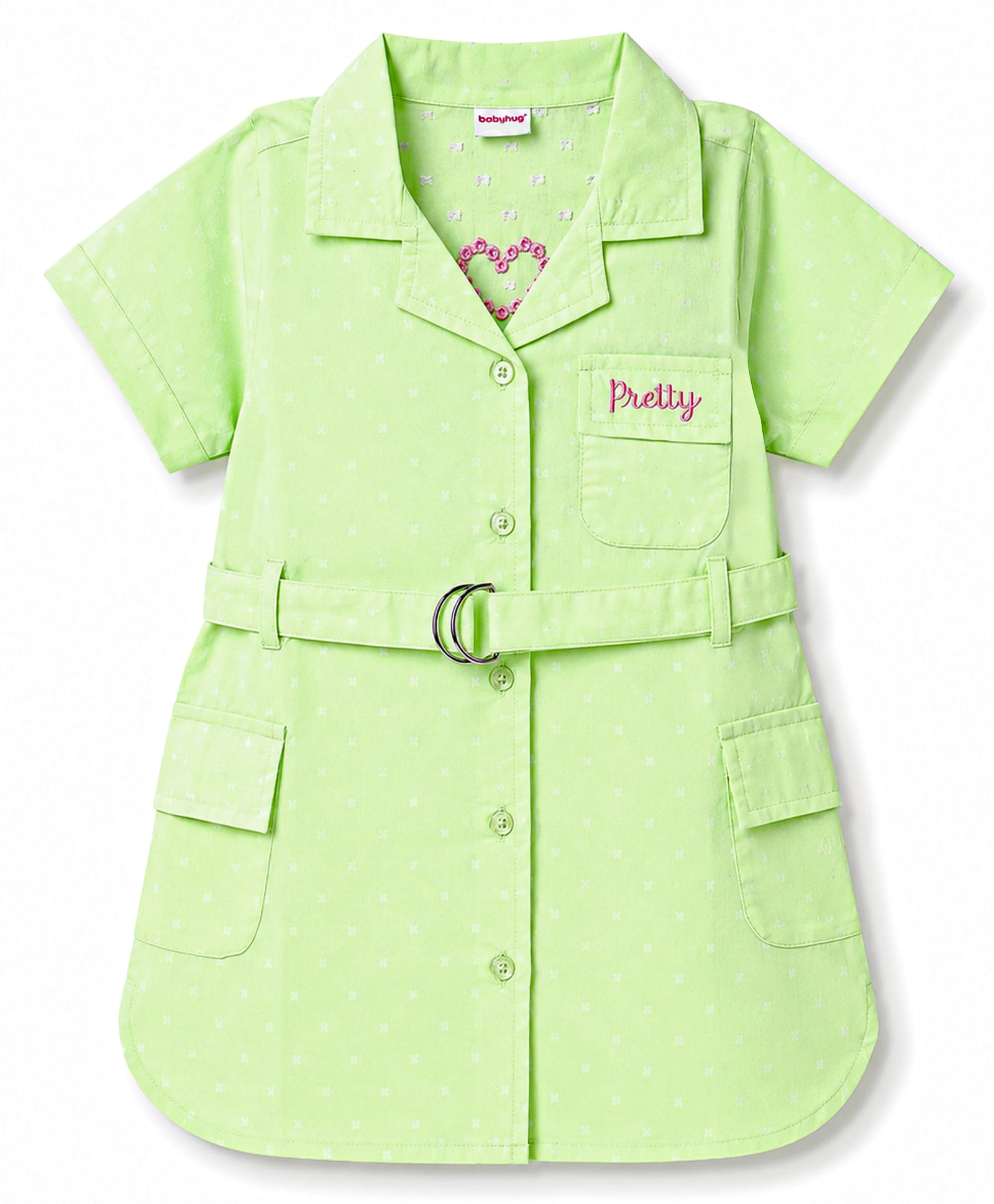Babyhug Cotton Woven Half Sleeves One Piece Shirt Dress with Text Embroidery & Belt - Light Green-image-49