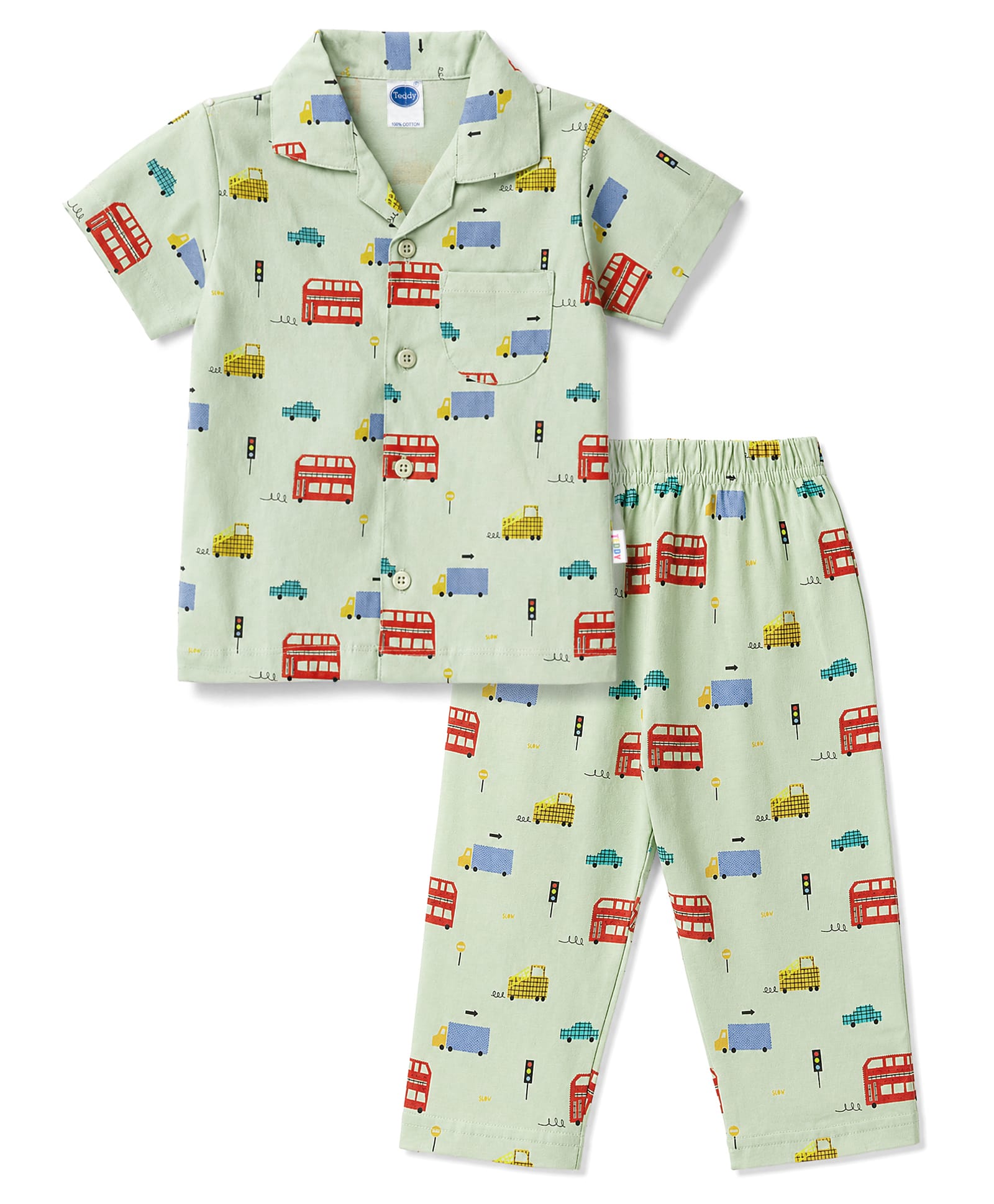 Teddy Sinker Knit Half Sleeves T-Shirt & Pyjama Co-Ord Night Suit With Bus Print - Green-picture-13
