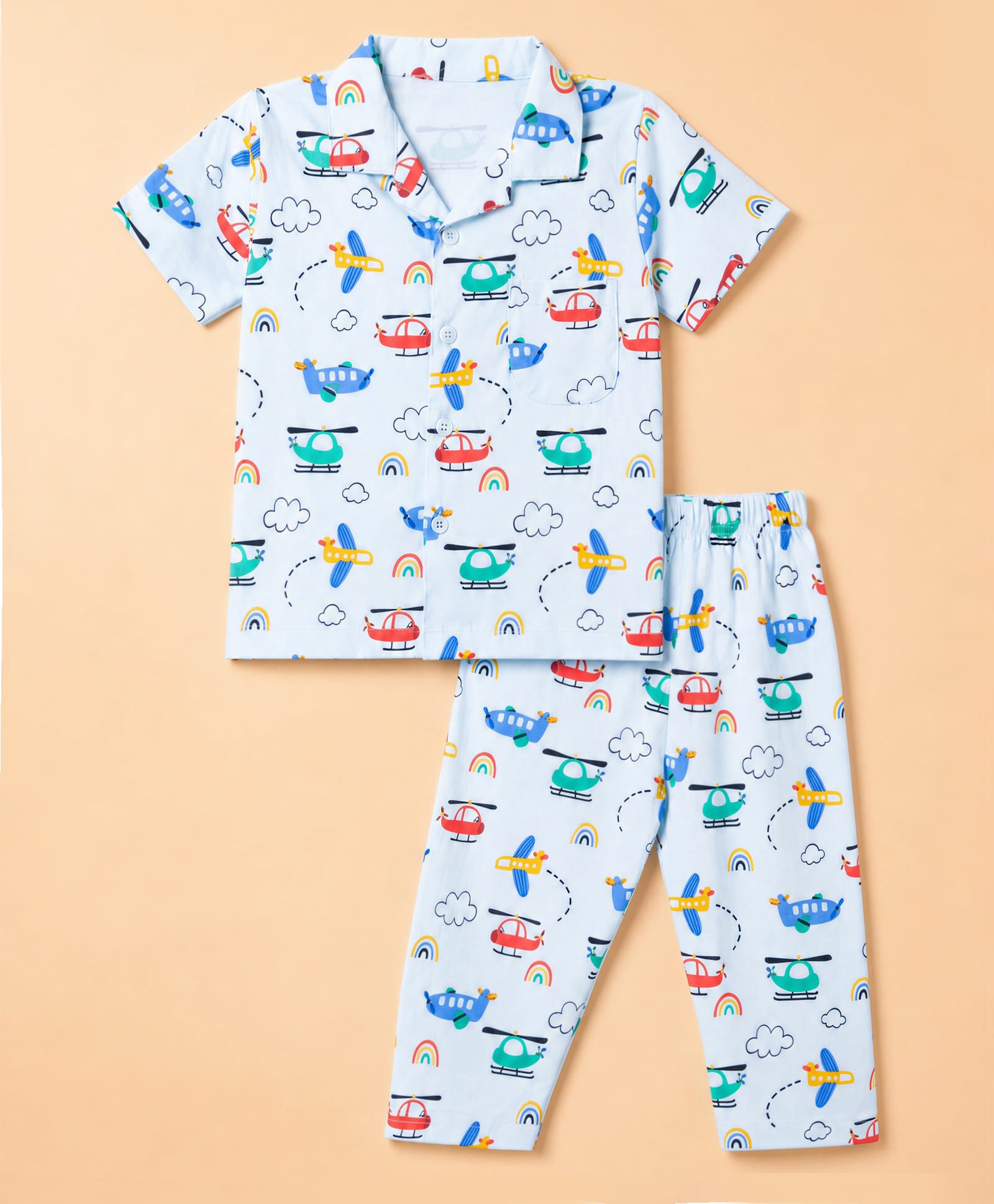 Teddy Sinker Knit Half sleeves Shirt & Pyjama Co-Ord Set with Vehicle Print - Blue-picture-1