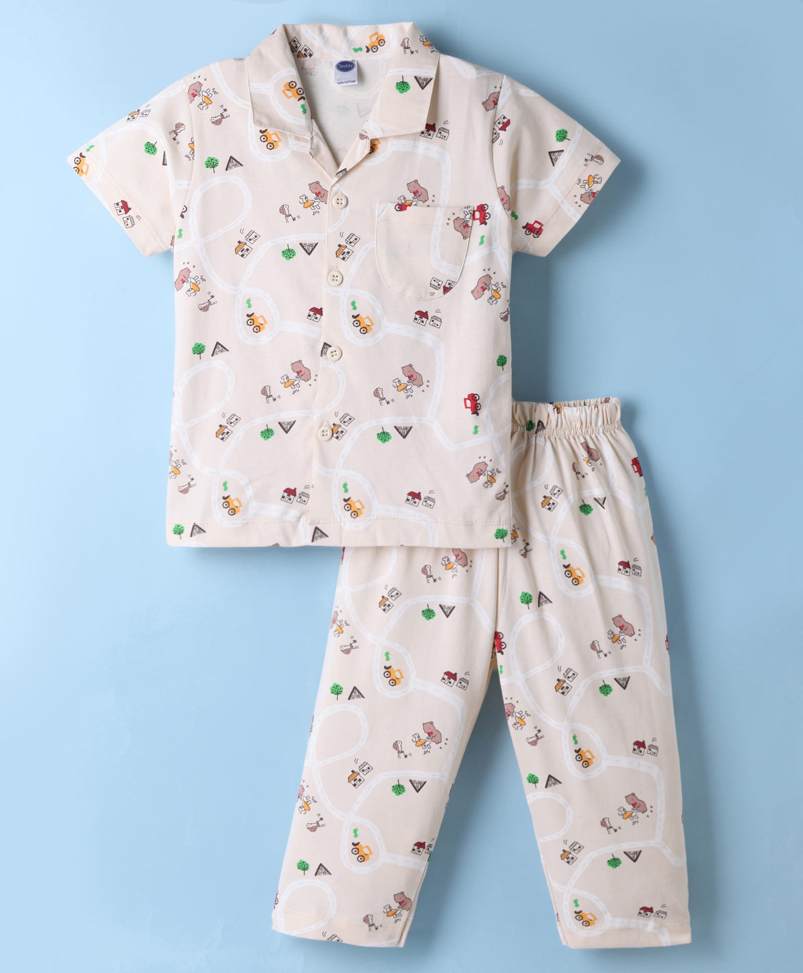 Teddy Sinker Knit Half Sleeves Shirt & Pyjama Co-ord Night Suit with Animal Print - Beige-picture-20
