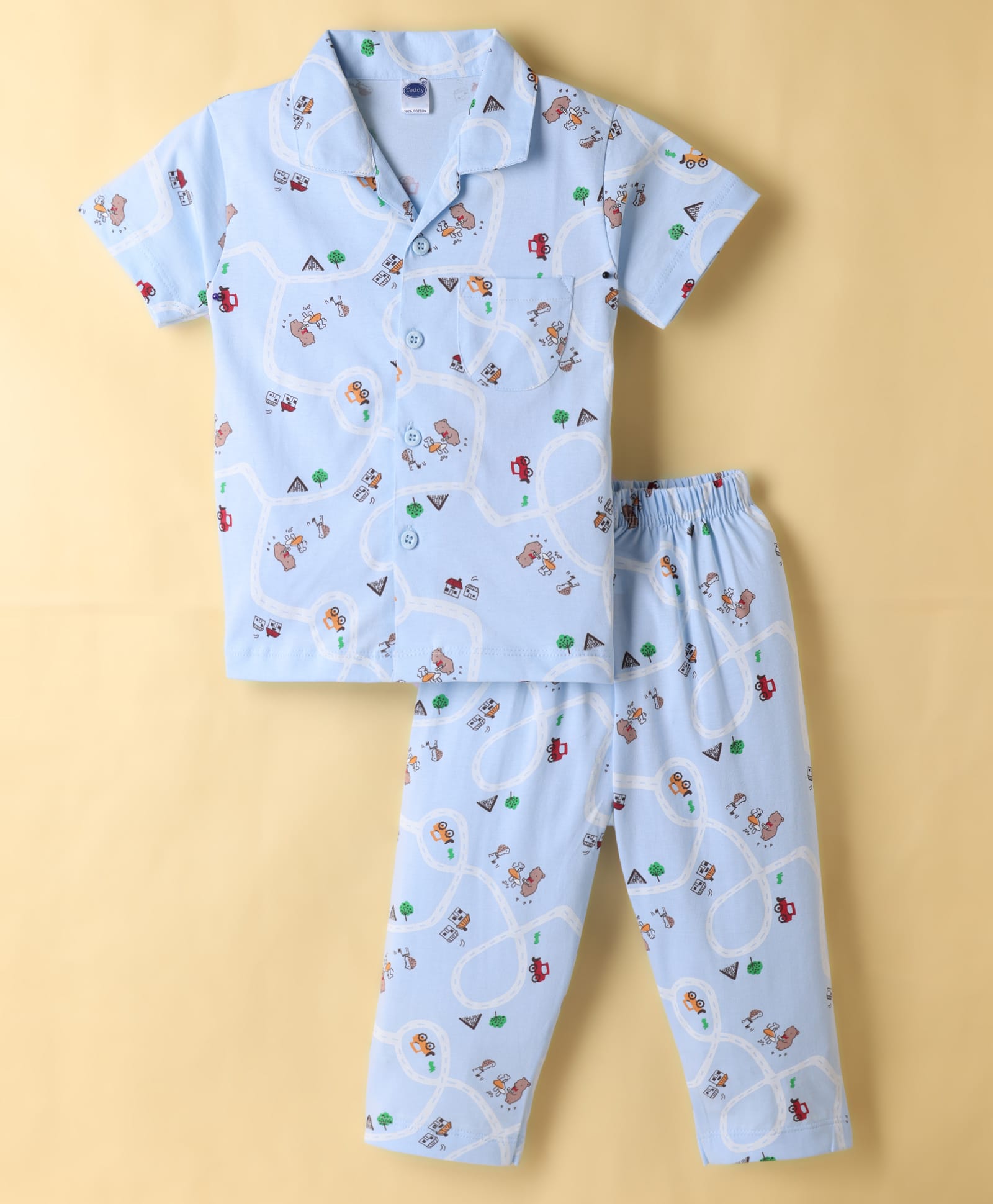 Teddy Sinker Knit Half Sleeves Shirt & Pyjama Co-ord Night Suit with Animal Print - Light Blue-picture-16