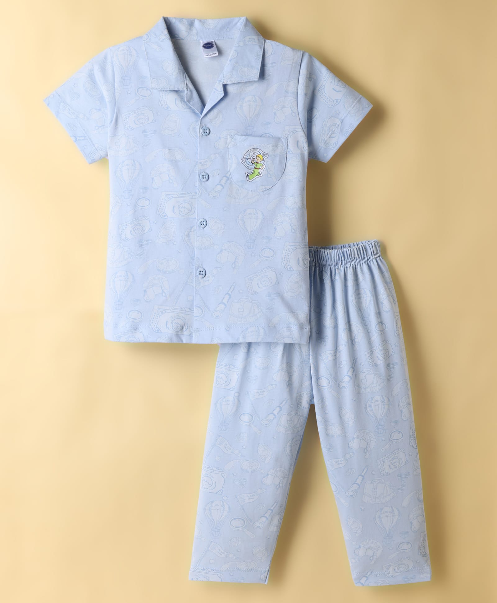 Teddy Sinker Knit Half Sleeves Shirt & Pyjama Co-ord Night Suit with Air Balloon Print - Light Blue-picture-23