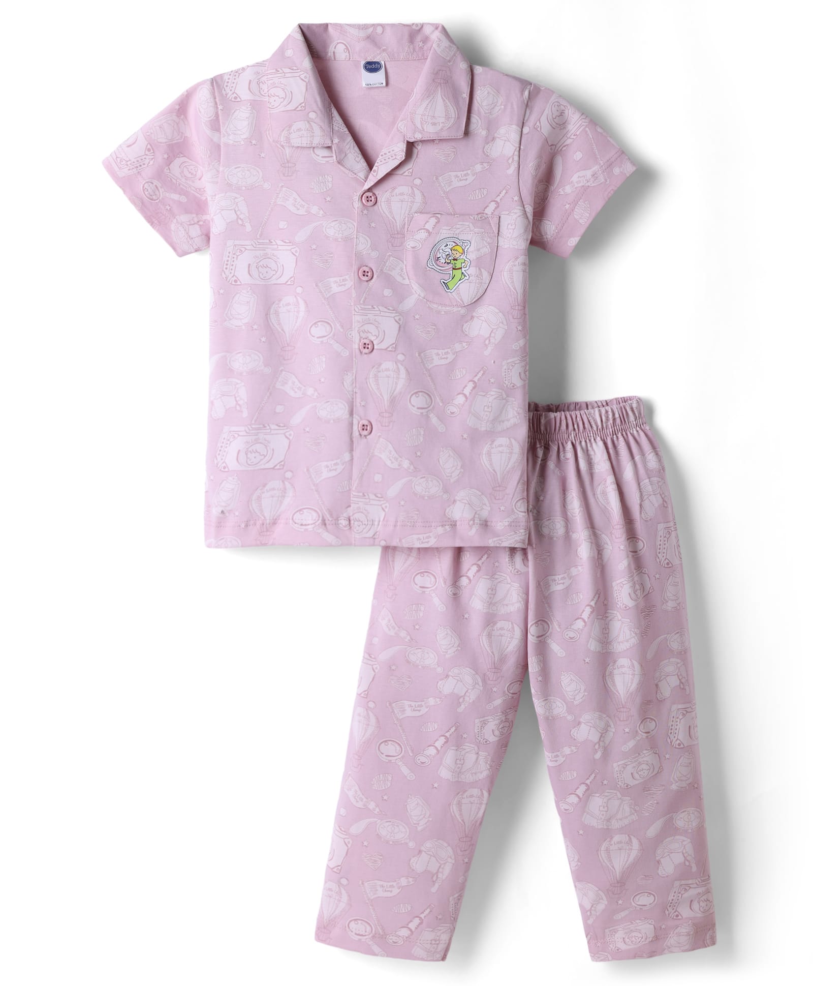 Teddy Sinker Knit Half Sleeves Shirt & Pyjama Co-ord Night Suit with Air Balloon Print - Pink-picture-21