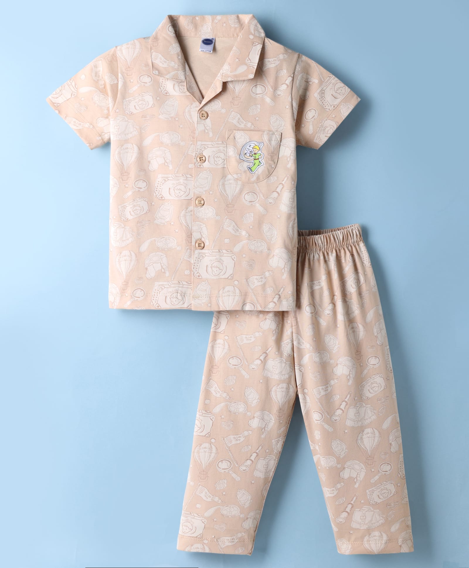 Teddy Sinker Knit Half Sleeves Shirt & Pyjama Co-ord Night Suit with Air Balloon Print - Beige-picture-1