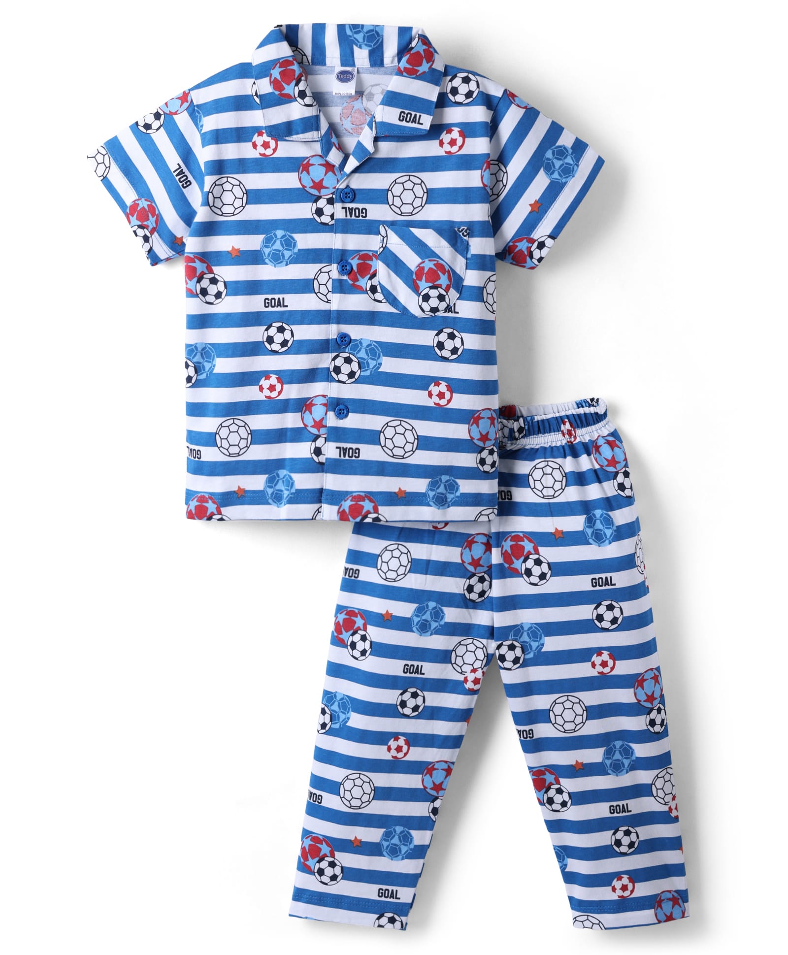 Teddy Sinker Knit Half Sleeves Shirt & Pyjama Striped Co-ord Night Suit with Football Print - Blue-picture-49