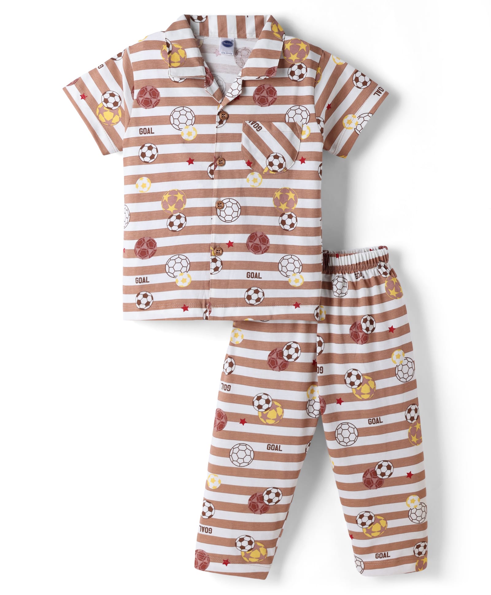 Teddy Sinker Knit Half Sleeves Shirt & Pyjama Striped Co-ord Night Suit with Football Print - Brown-picture-4