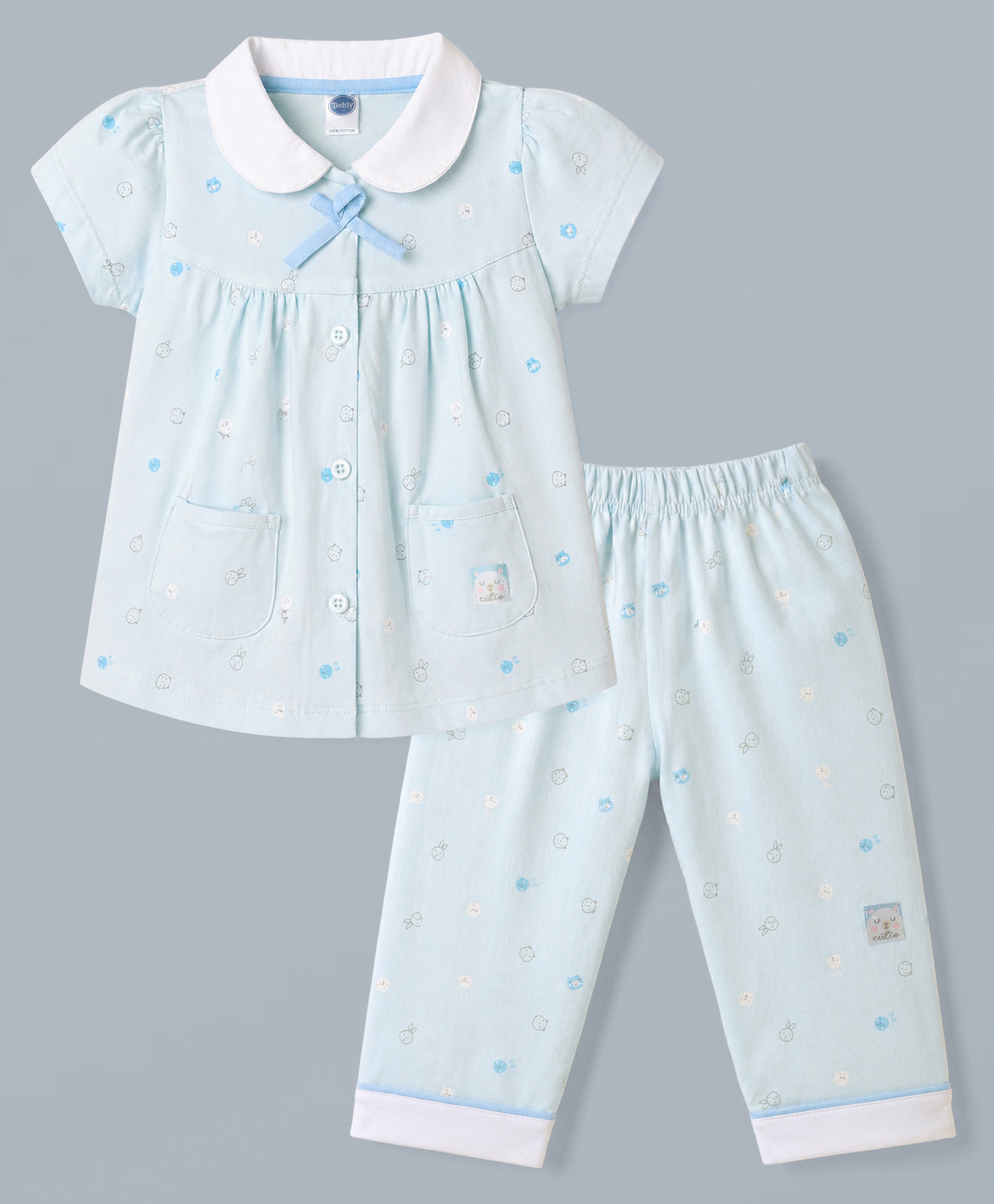 Teddy Sinker Knit Half Sleeves Bunny Printed Co-Ords Top & Pyjama Night Suit Set - Light Blue-picture-29