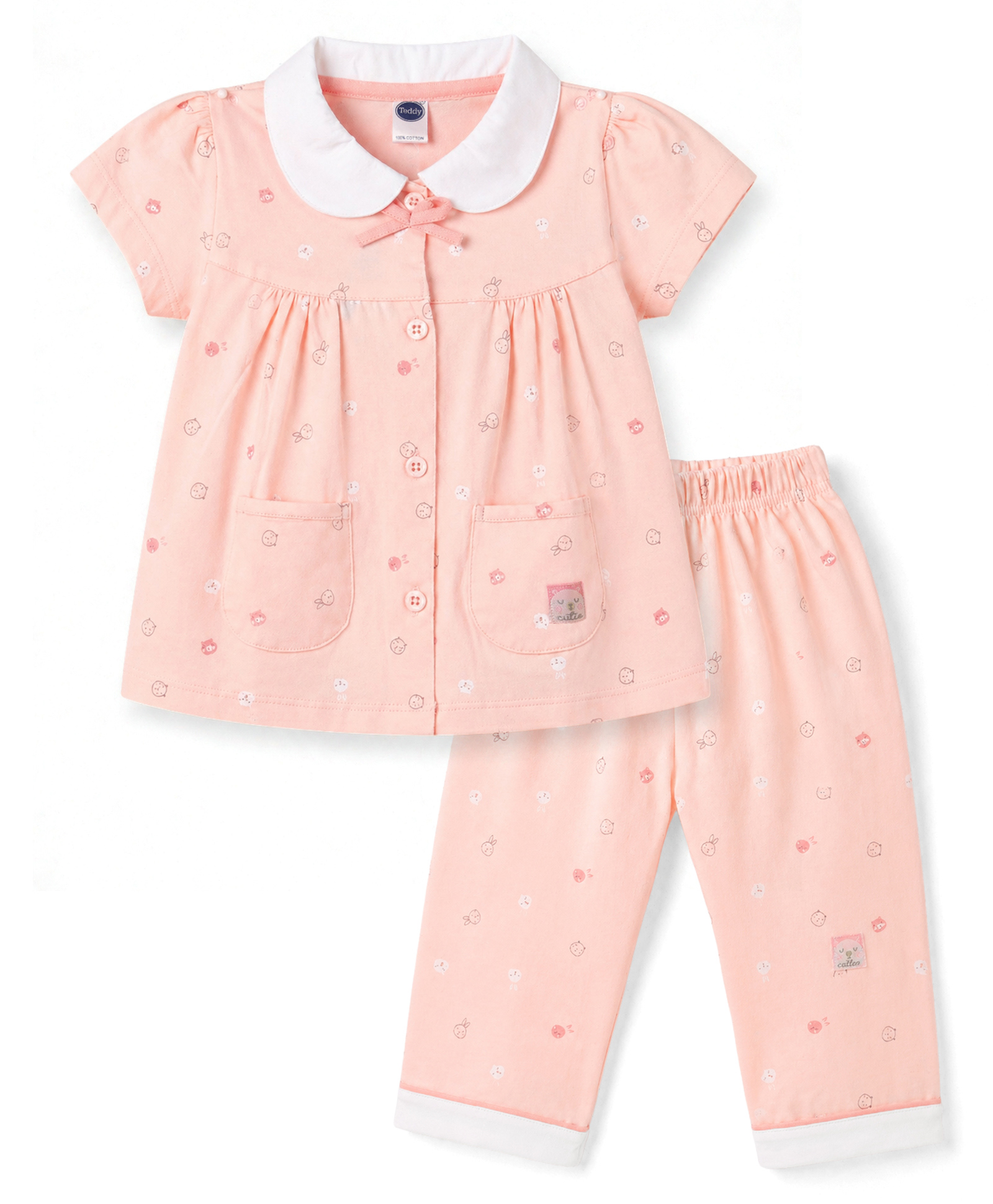 Teddy Sinker Knit Half Sleeves Bunny Printed Co-Ords Top & Pyjama Night Suit Set - Pink-picture-13