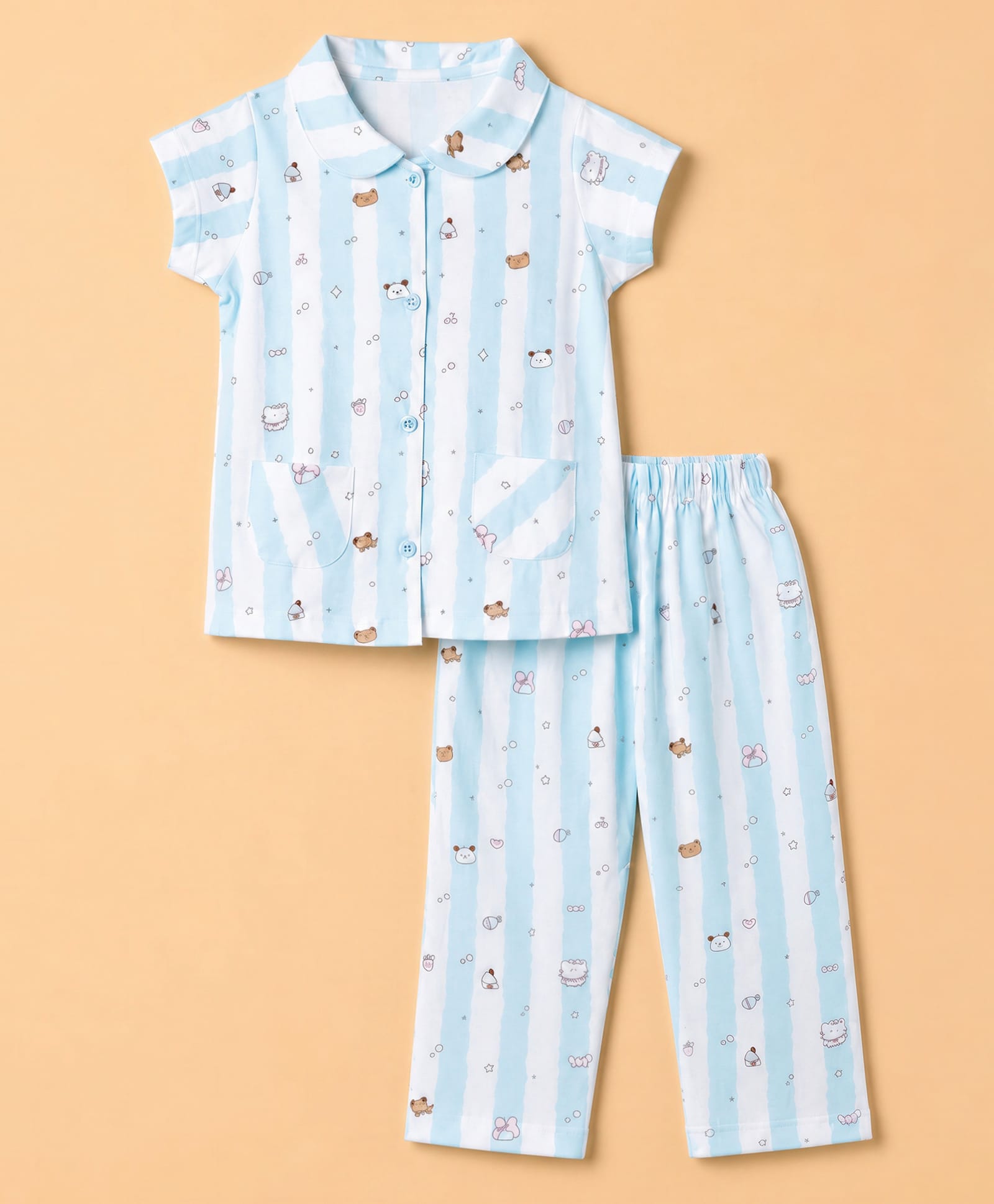 Teddy Sinker Knit Half sleeves Co-Ords Shirt & Pyjama Night Suit with Striped & Animal Print - Blue-picture-2