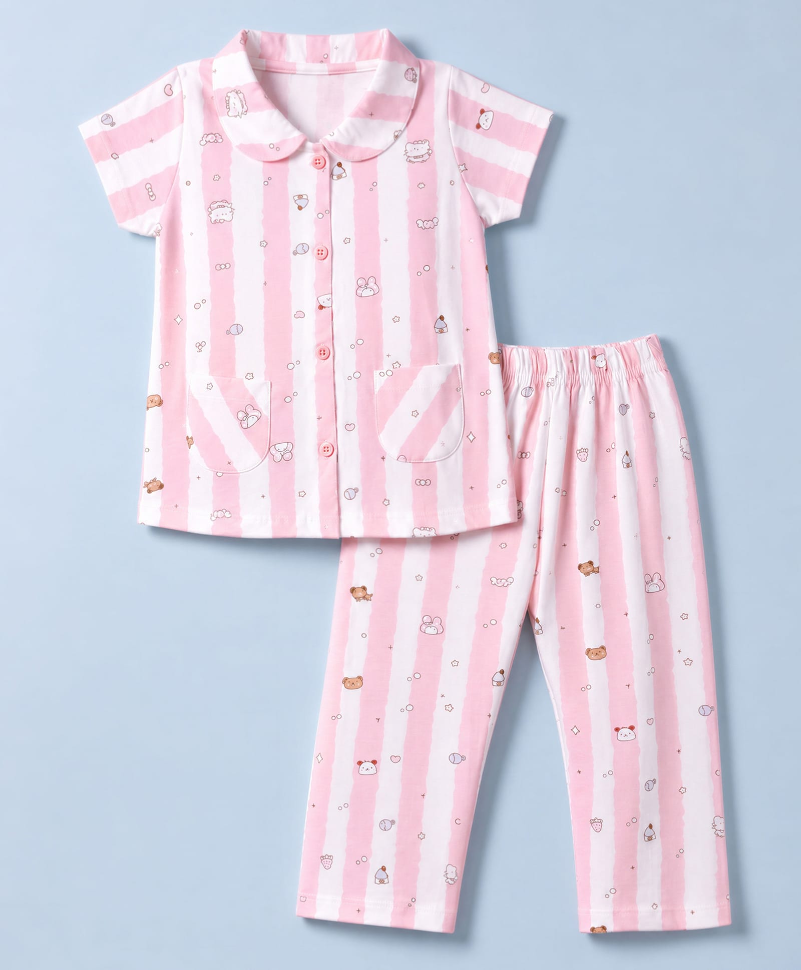 Teddy Sinker Knit Half sleeves Co-Ords Shirt & Pyjama Night Suit with Striped & Animal Print - Pink-picture-13