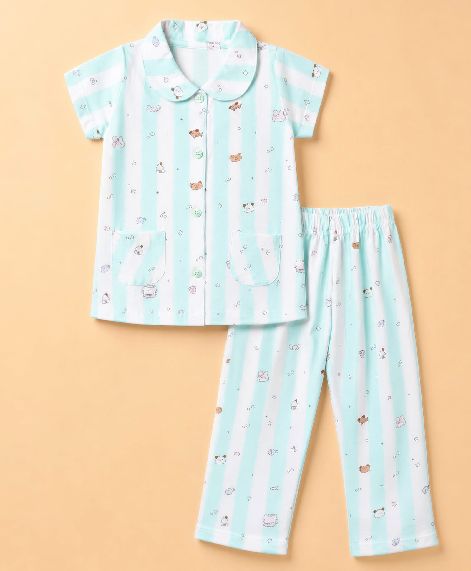 Teddy Sinker Knit Half sleeves Co-Ords Shirt & Pyjama Night Suit with Striped & Animal Print - Green-image-26