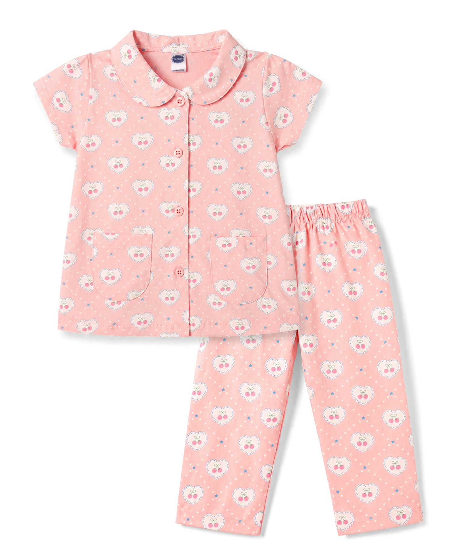 Teddy Sinker Knit Half Sleeves Hearts Cherry & Polka Dots Printed Co-Ords Shirt & Pyjama Night Suit - Pink-image-7