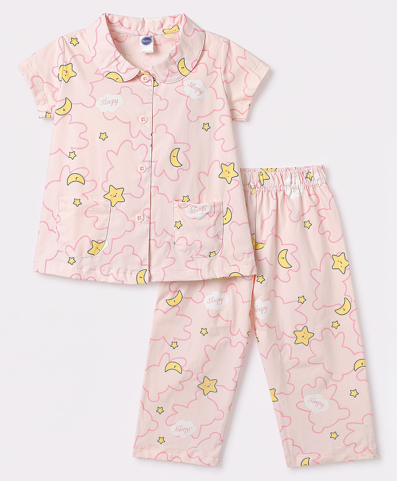 Teddy Sinker Knit Half Sleeves Star & Moon Printed Co-Ords Shirt & Pyjama Night Suit - Pink-picture-47