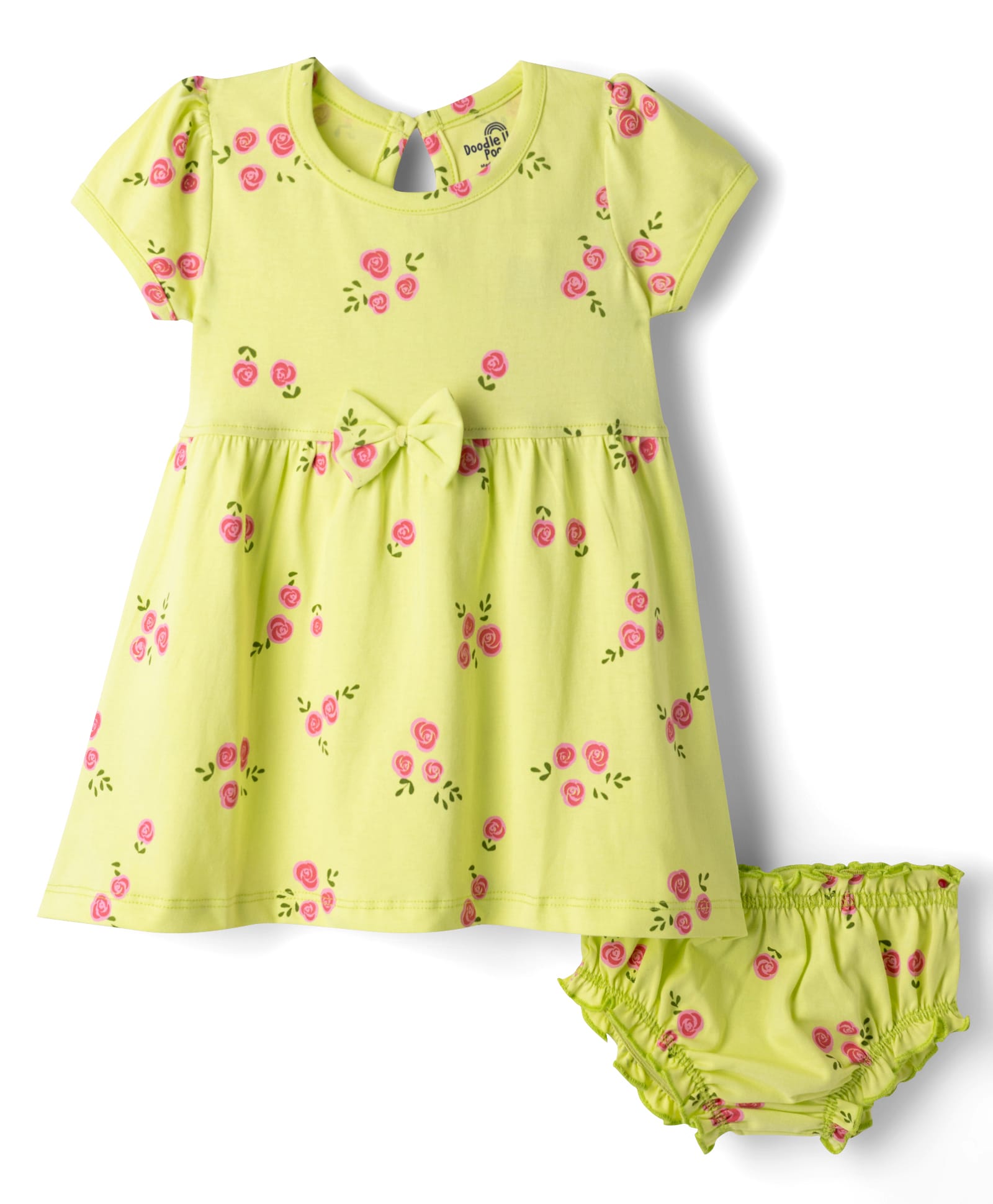 Doodle Poodle 100% Cotton Knit Half Sleeves Floral Printed Frock With Bloomer & Bow Applique - Yellow-image-13