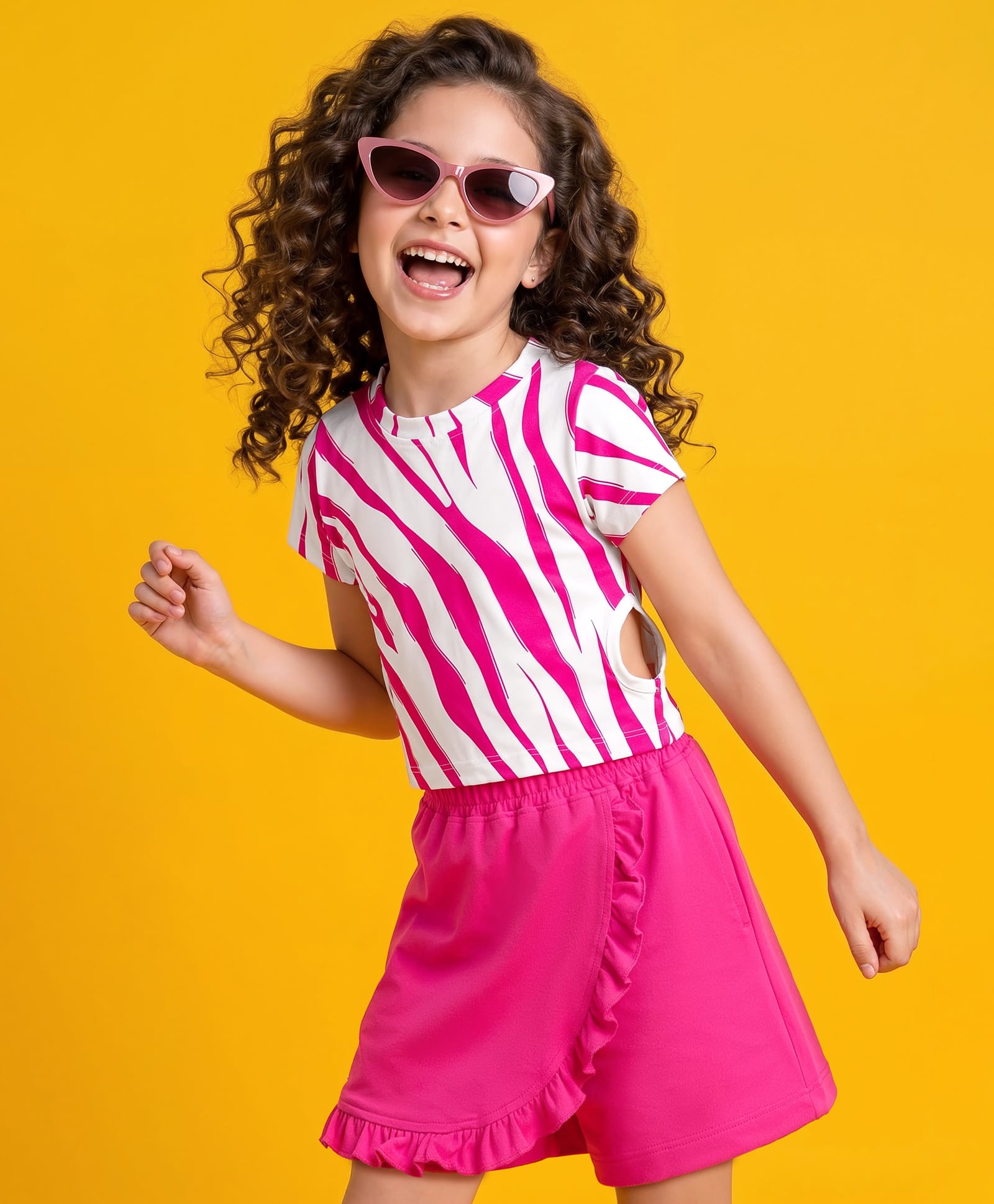 OLLINGTON ST. Sinker Knit Half Sleeves Striped Top & Skorts Set - Pink-image-18