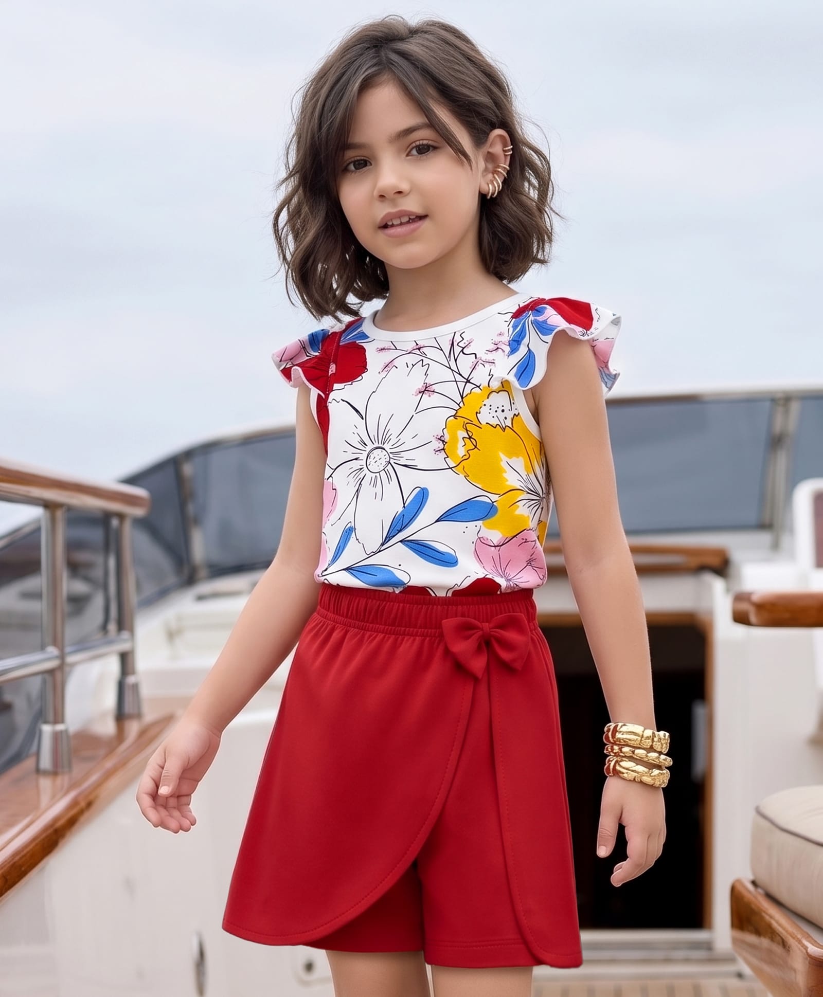 Ollington St. Cotton Sinker Knit Half Sleeve Floral Printed Top & Skorts Set - White & Red-image-26