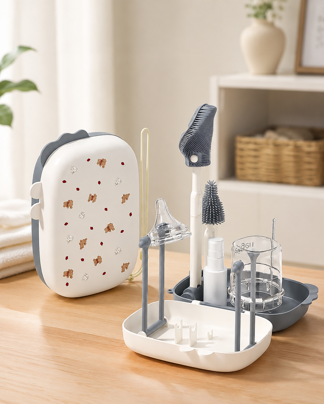 5-in-1 Cleaning Combo Sets - Grey| Drying Rack with Bottle Nipple & Straw Cleaning Brush in Carry Case| Spray Container|BPA Free| Portable & Travel Friendly-image-12