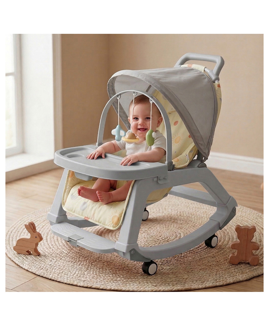StarAndDaisy 5 in 1 baby rocker for 0 to 2 years multifunctional chair with removable mattress swing and bouncer cradle adjustable canopy and hanging toys safe comfortable and stylish grey color-image-48