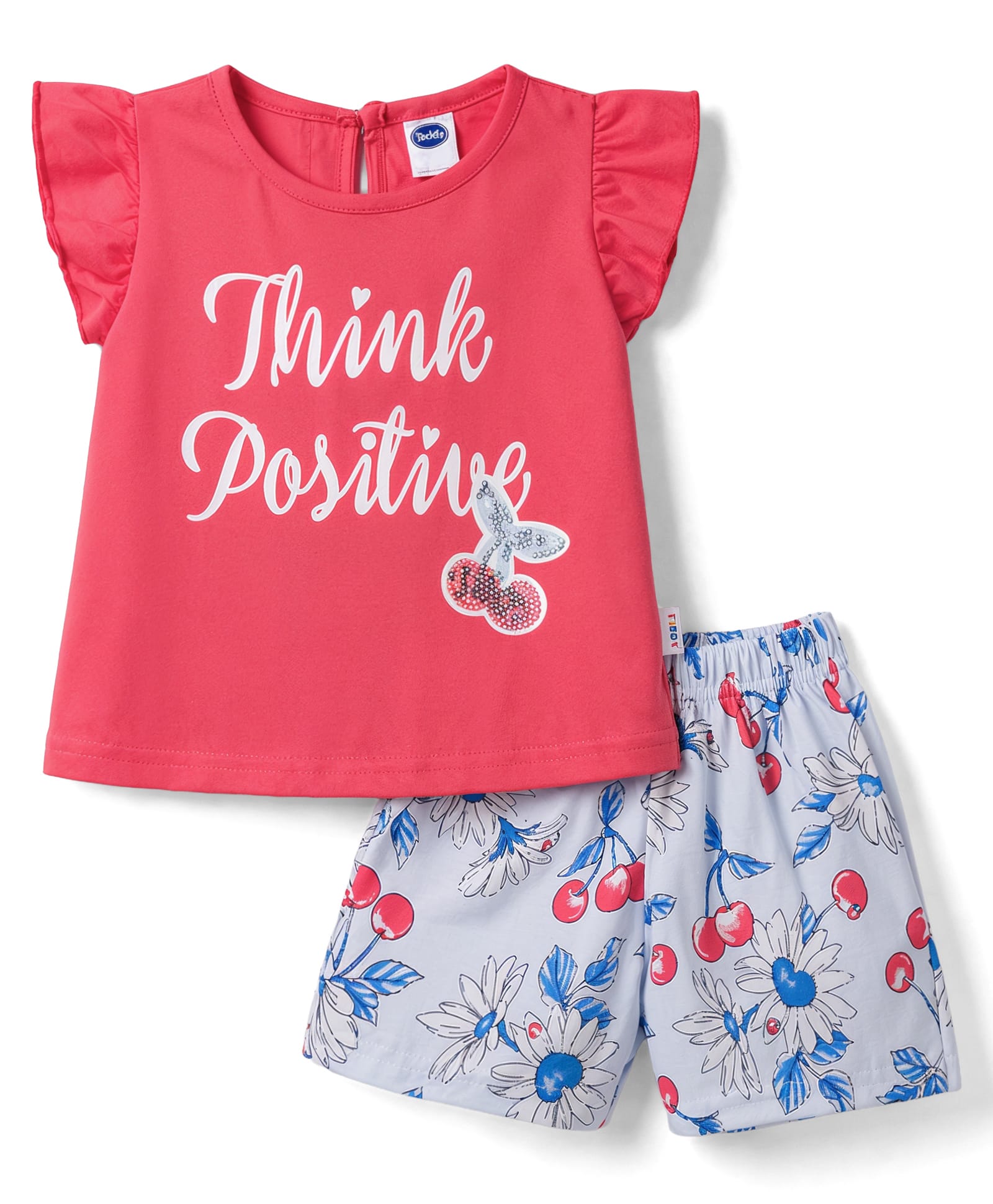 Teddy Sinker Knit Half Frill Sleeves Text Printed Top & Shorts Set With Floral & Cherry Print - Red-image-24